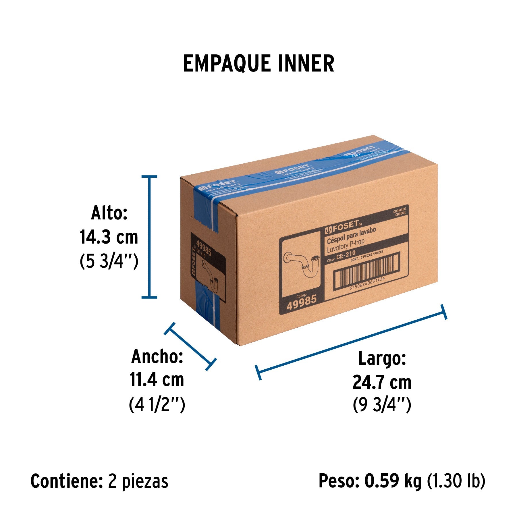 Céspol 1-1/4", sin contra, latón cromo, para lavabo, FOSET - Empaque