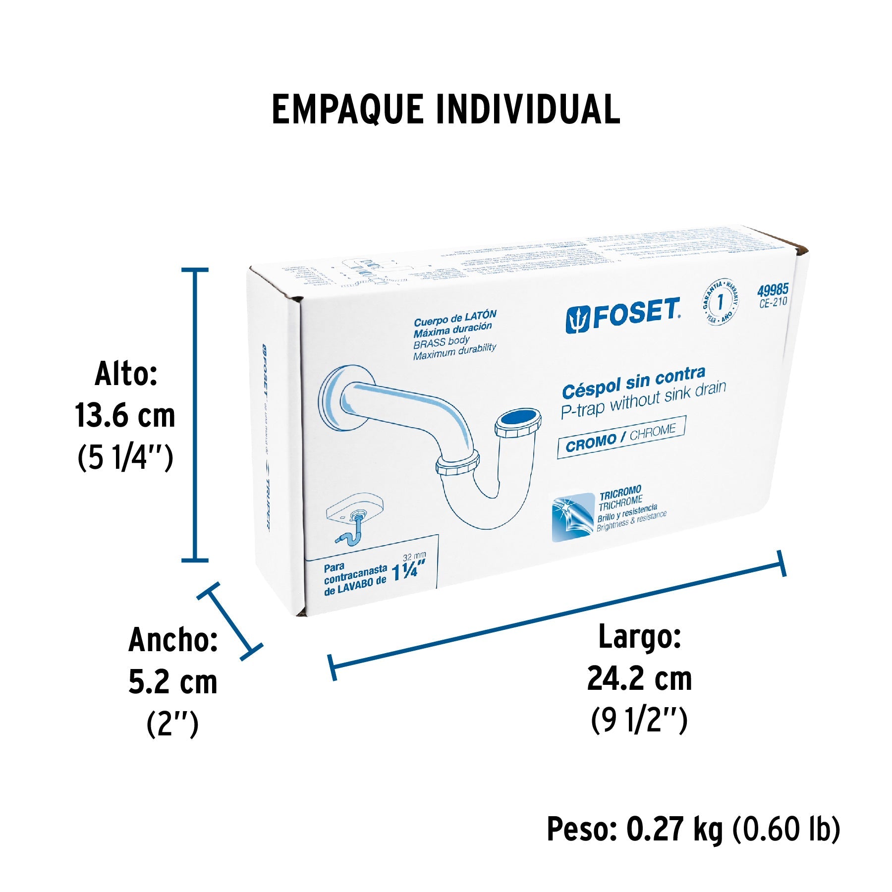 Céspol 1-1/4", sin contra, latón cromo, para lavabo, FOSET - Empaque