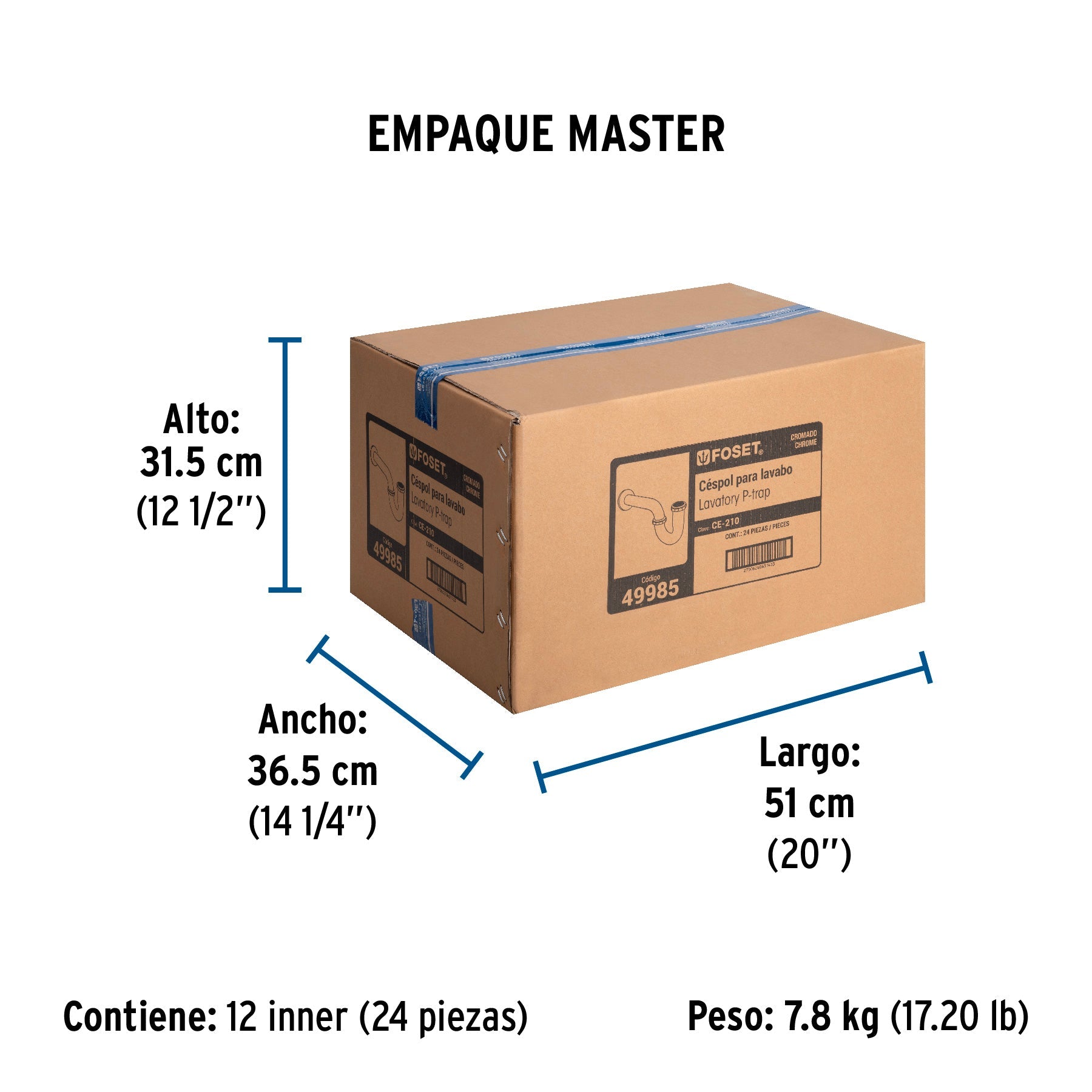 Céspol 1-1/4", sin contra, latón cromo, para lavabo, FOSET - Empaque