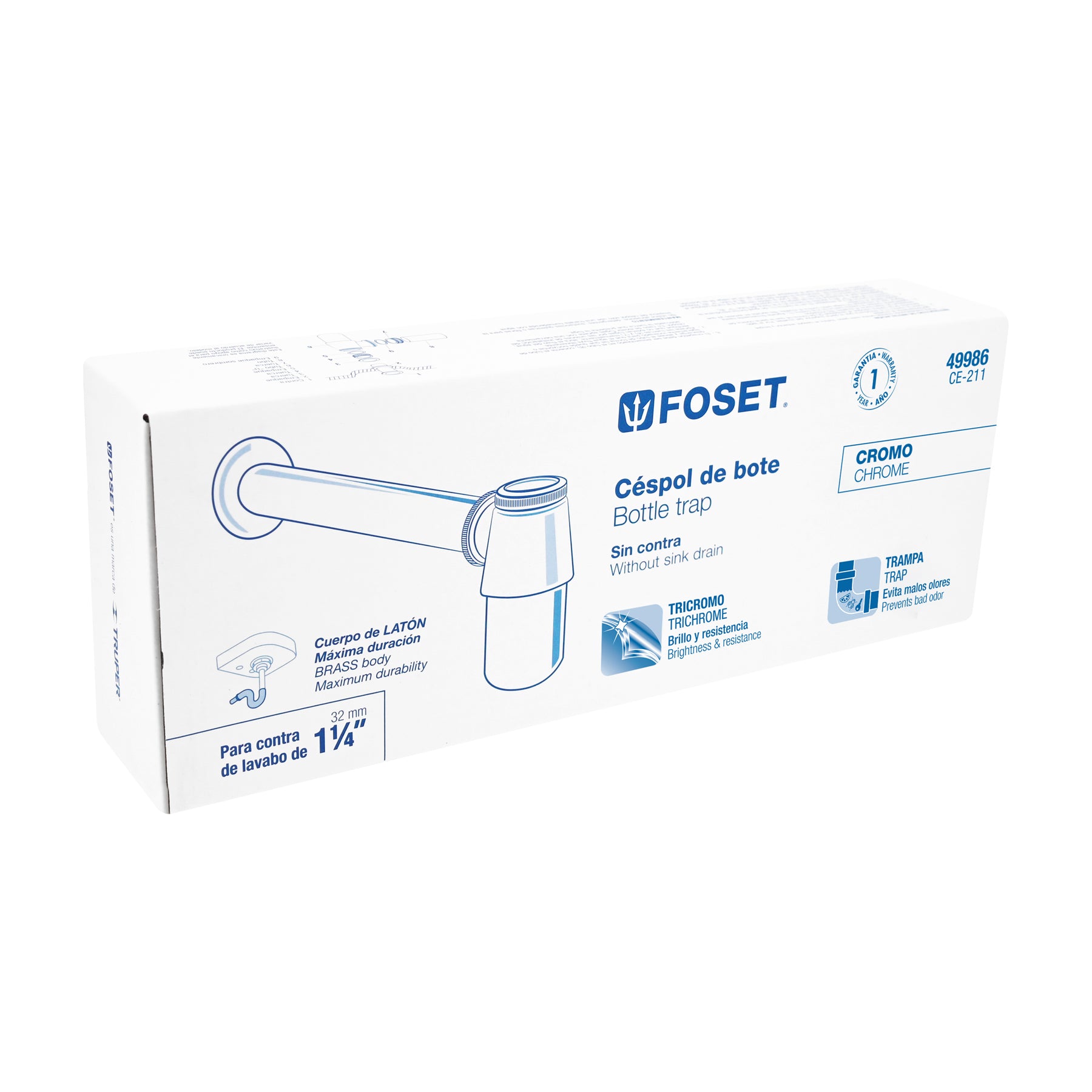 Céspol de bote 1-1/4", sin contra, latón cromo, para lavabo