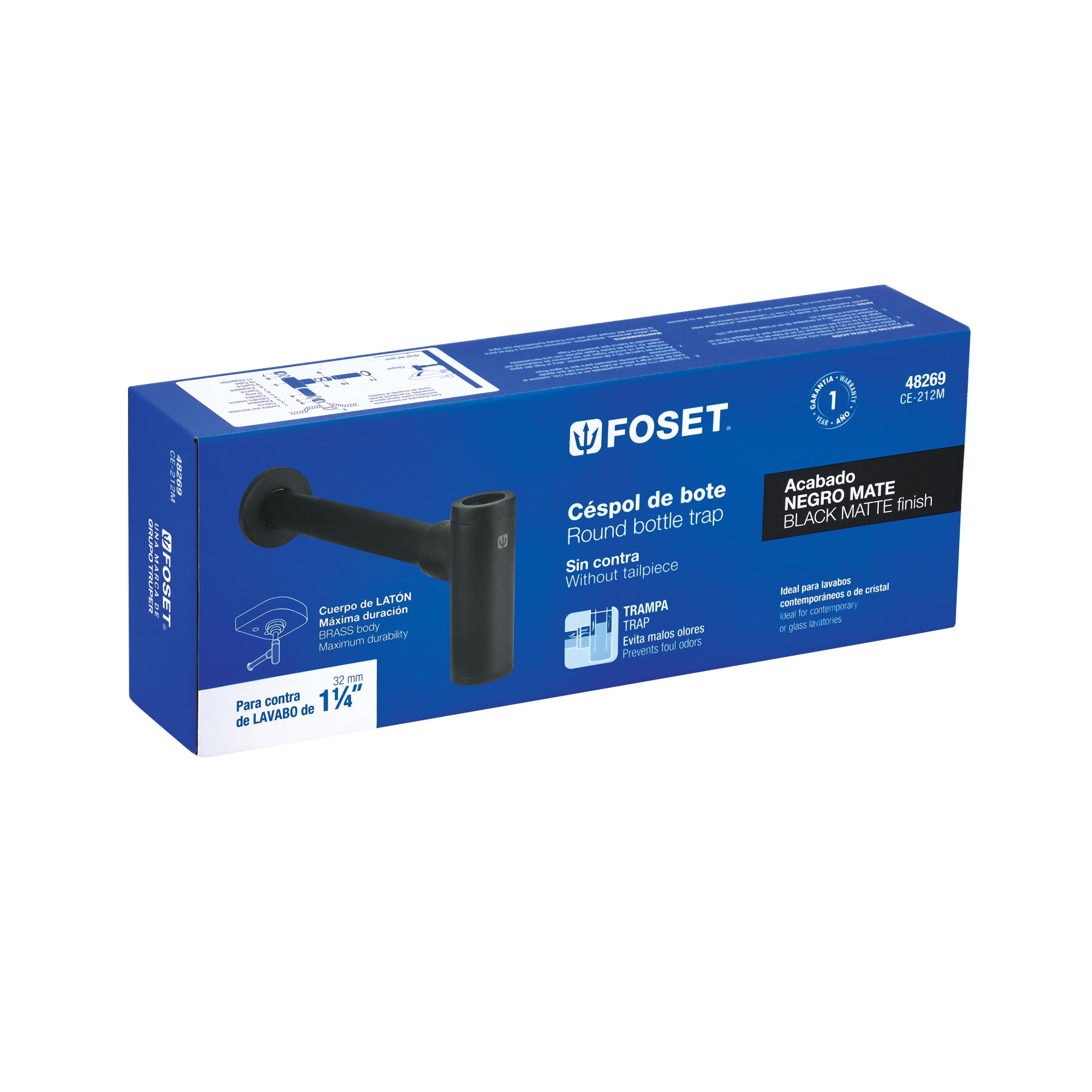 Céspol de bote minimalista 1 1/4", negro, para lavabo, FOSET