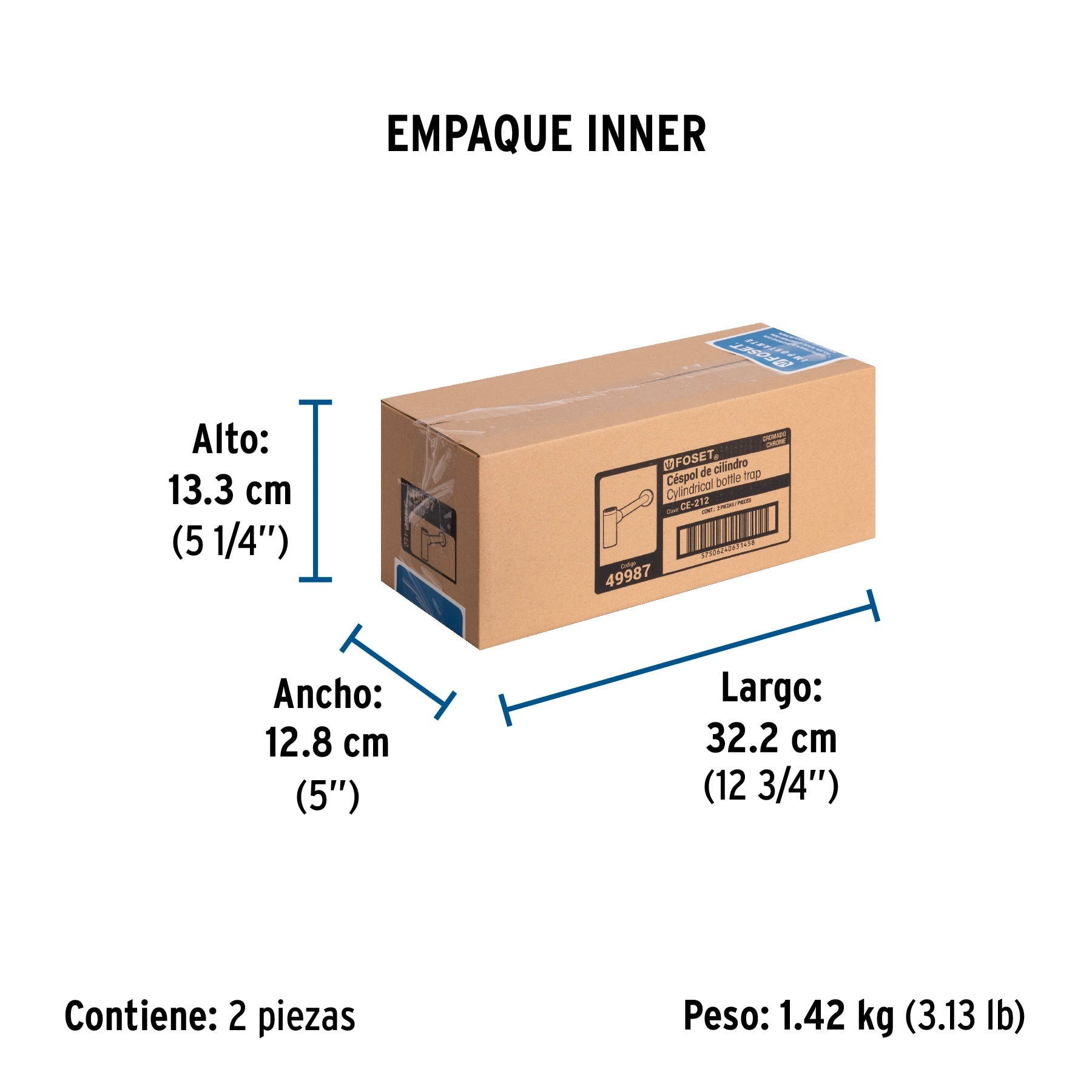 Céspol de bote minimalista 1 1/4", cromo, para lavabo, FOSET - Empaque