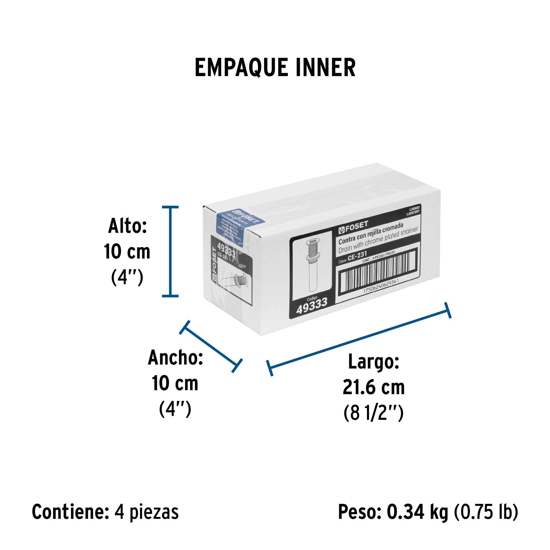 Contra de PP con rebosadero, para lavabo, FOSET - Empaque