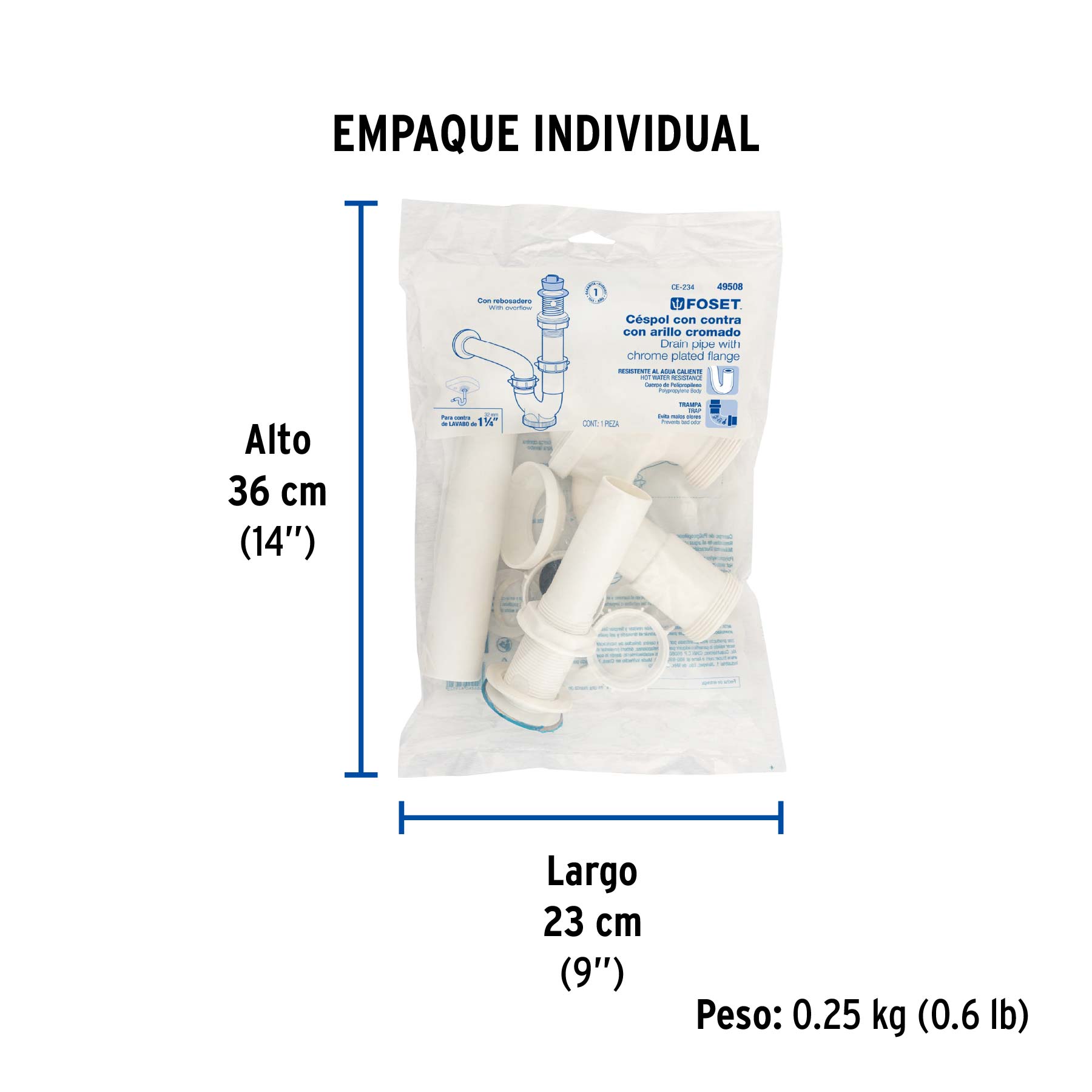Céspol rígido de ABS con contra, para lavabo, FOSET - Empaque