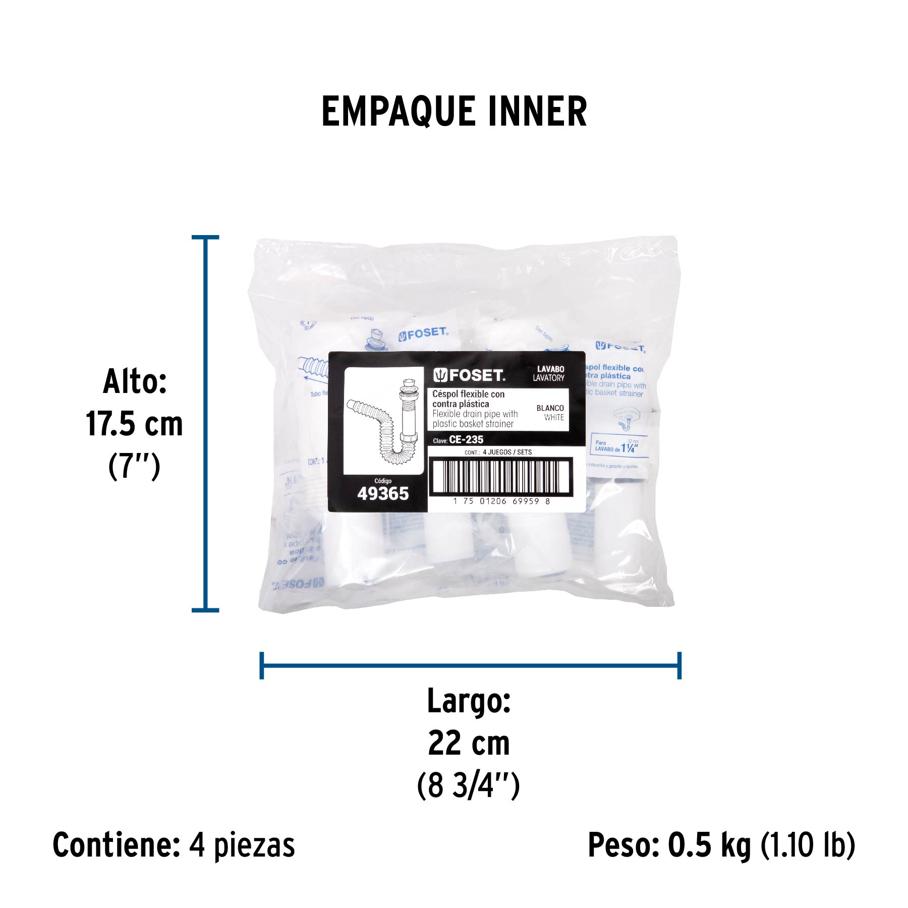 Céspol flexible de polietileno con contra, para lavabo,FOSET - Empaque