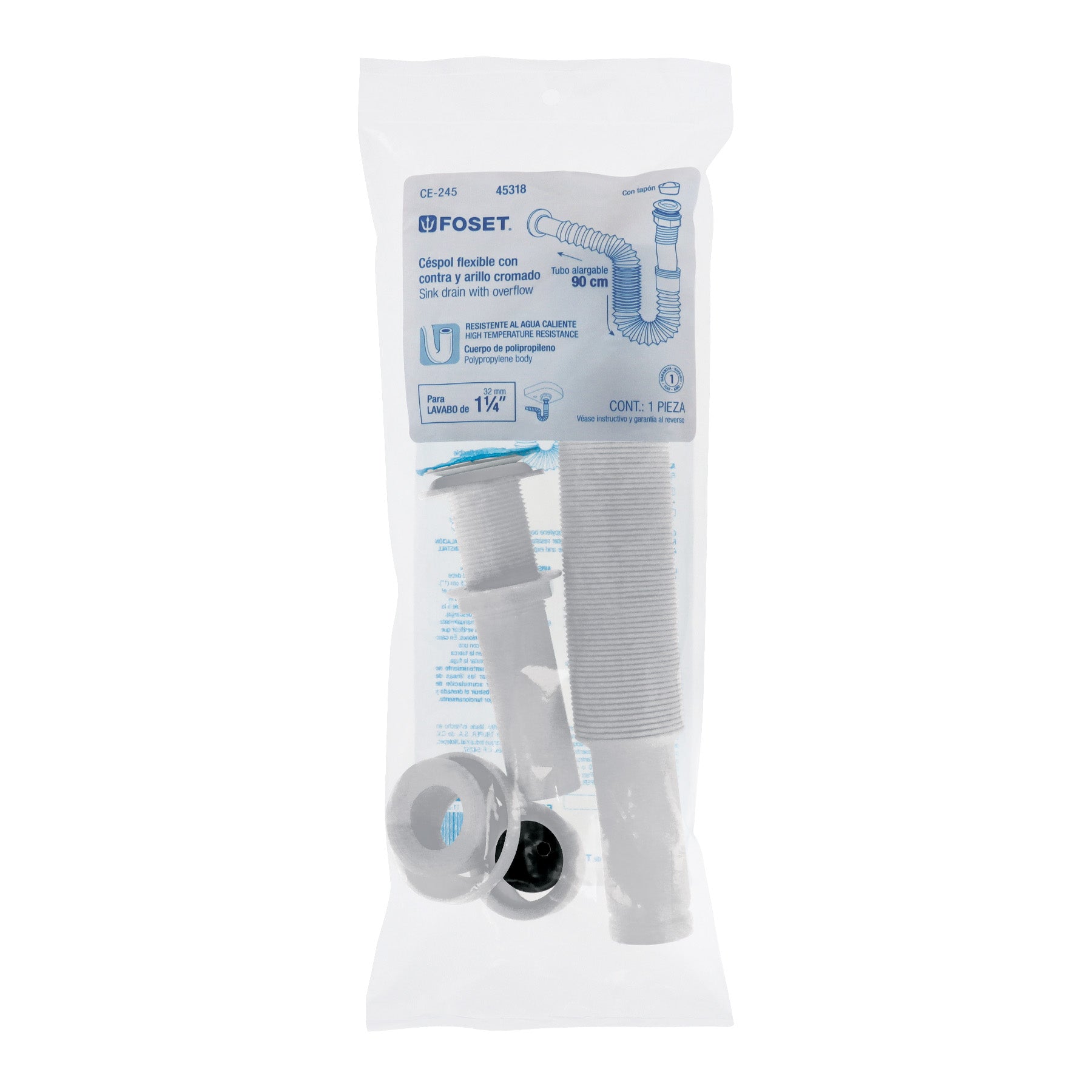 Céspol flexible de PP con contra, para lavabo, con arillo