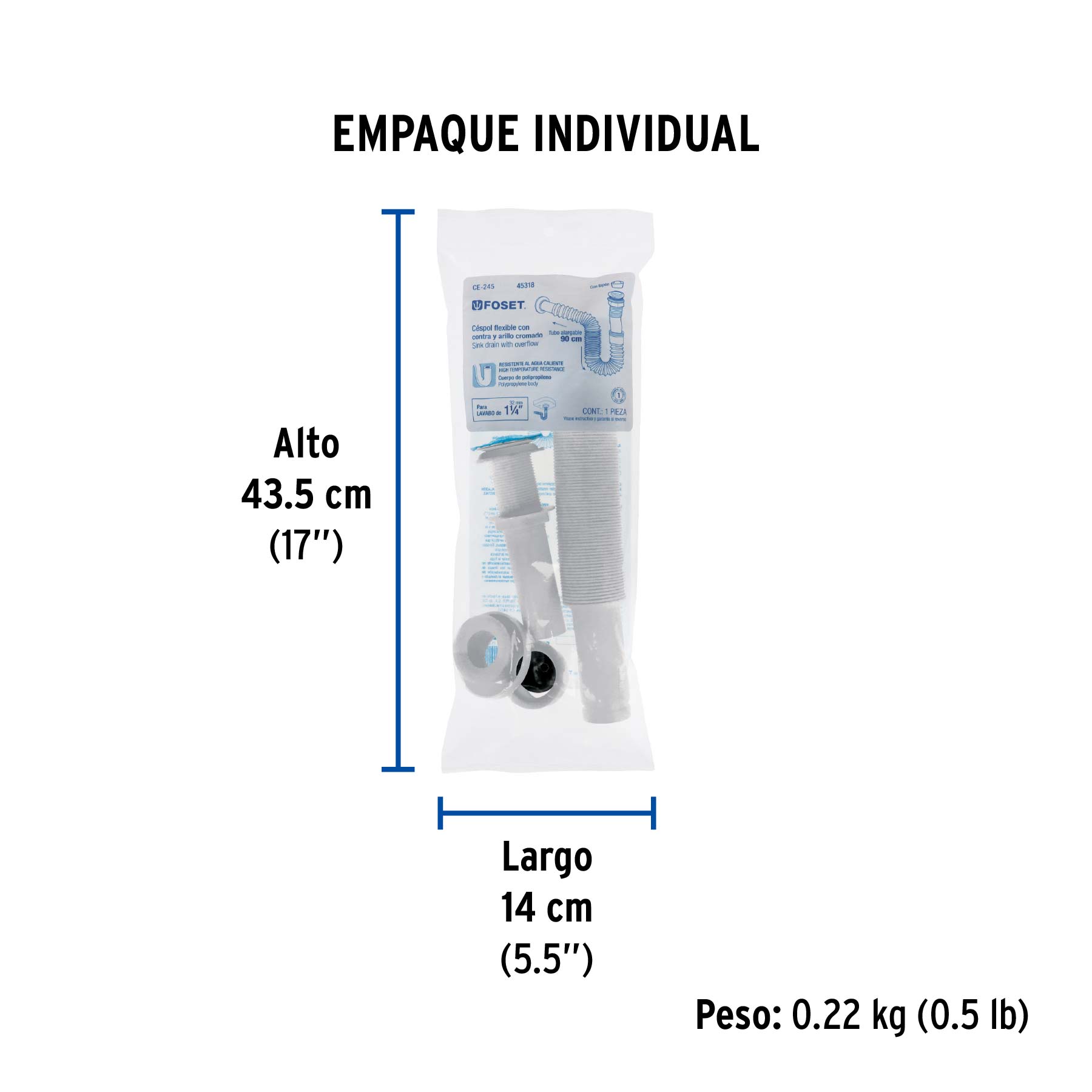 Céspol flexible de PP con contra, para lavabo, con arillo - Empaque