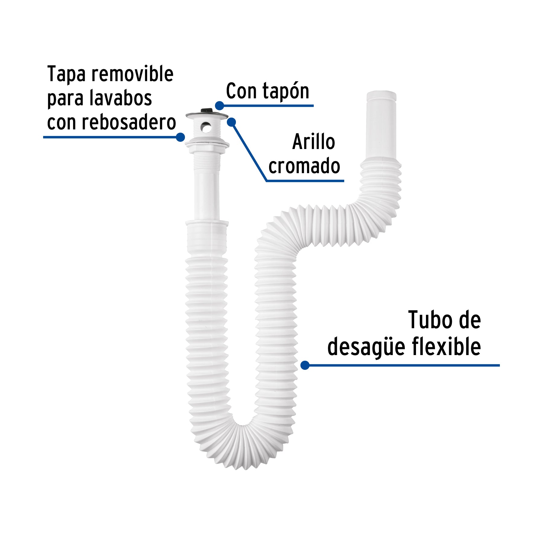 Céspol flexible de PP con contra, para lavabo, con arillo