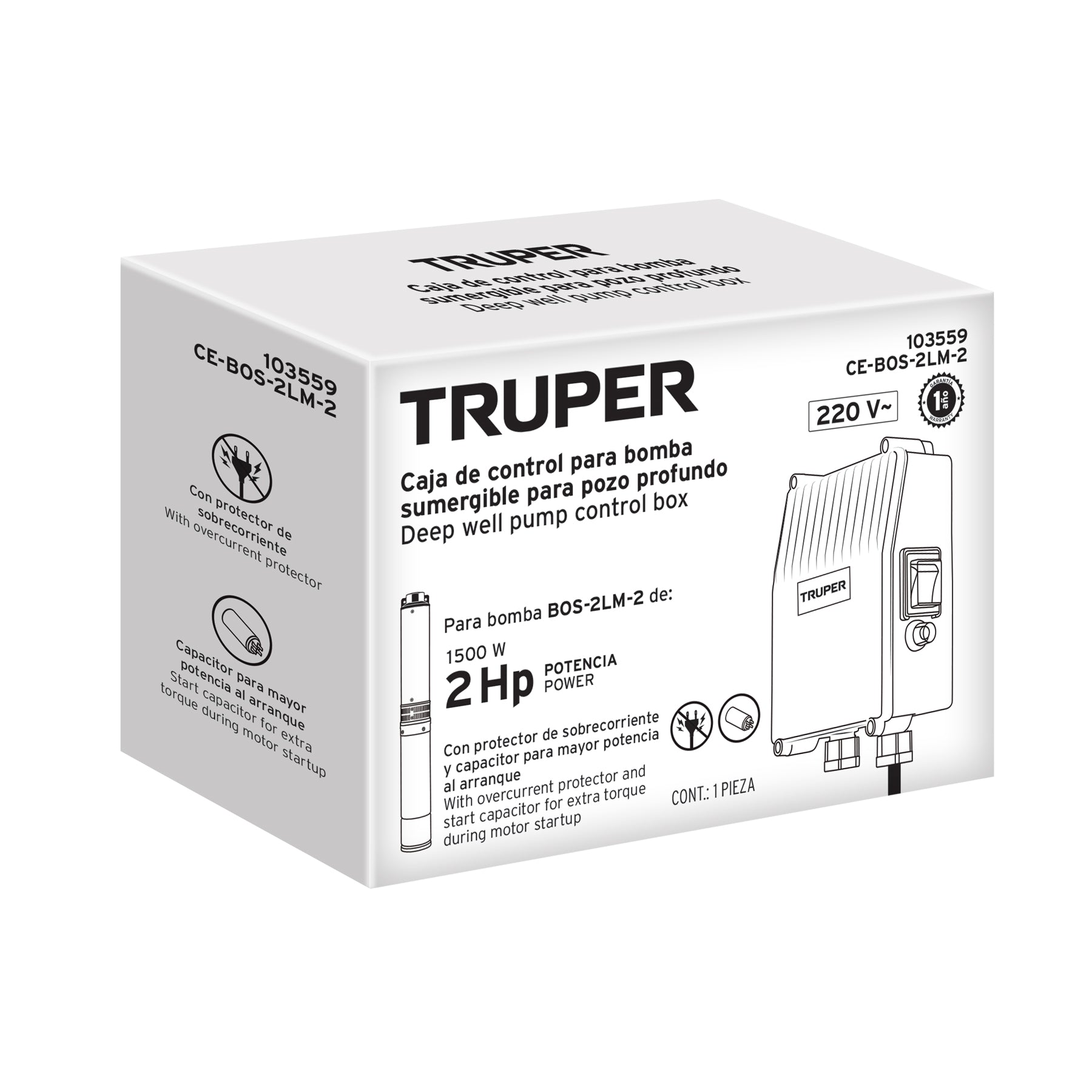 Caja de control para bomba tipo bala 2 HP, 220V, TRUPER