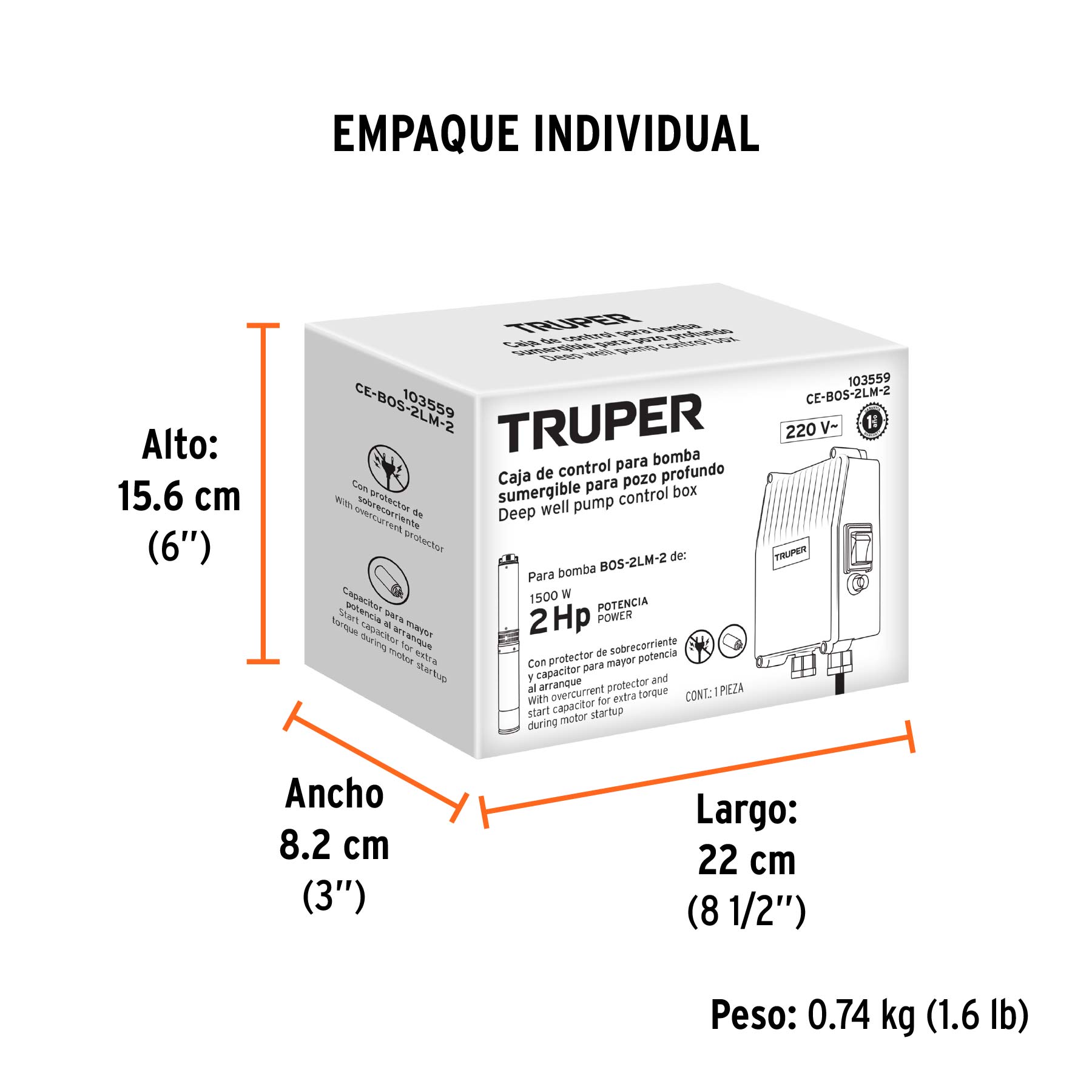 Caja de control para bomba tipo bala 2 HP, 220V, TRUPER - Empaque