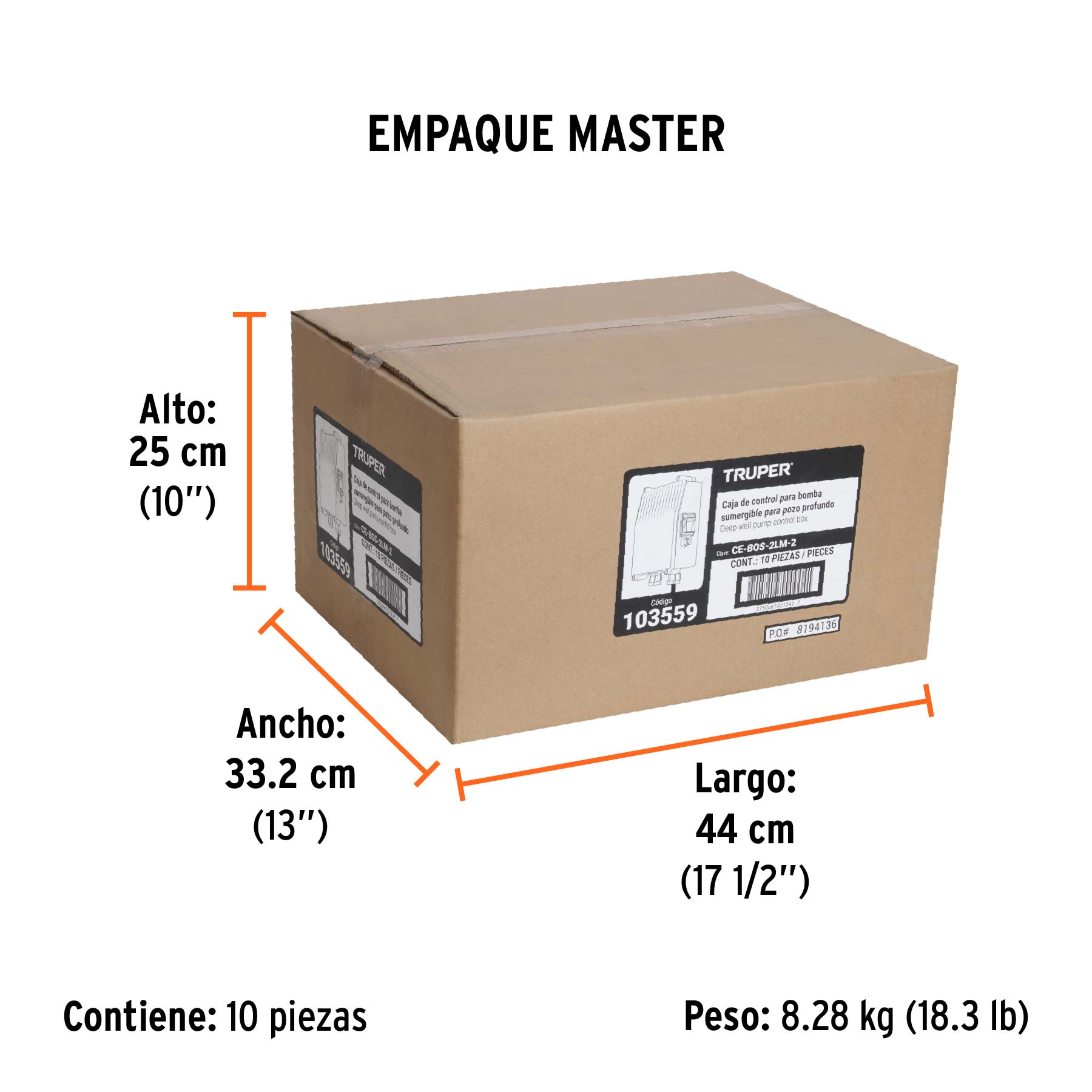 Caja de control para bomba tipo bala 2 HP, 220V, TRUPER - Empaque