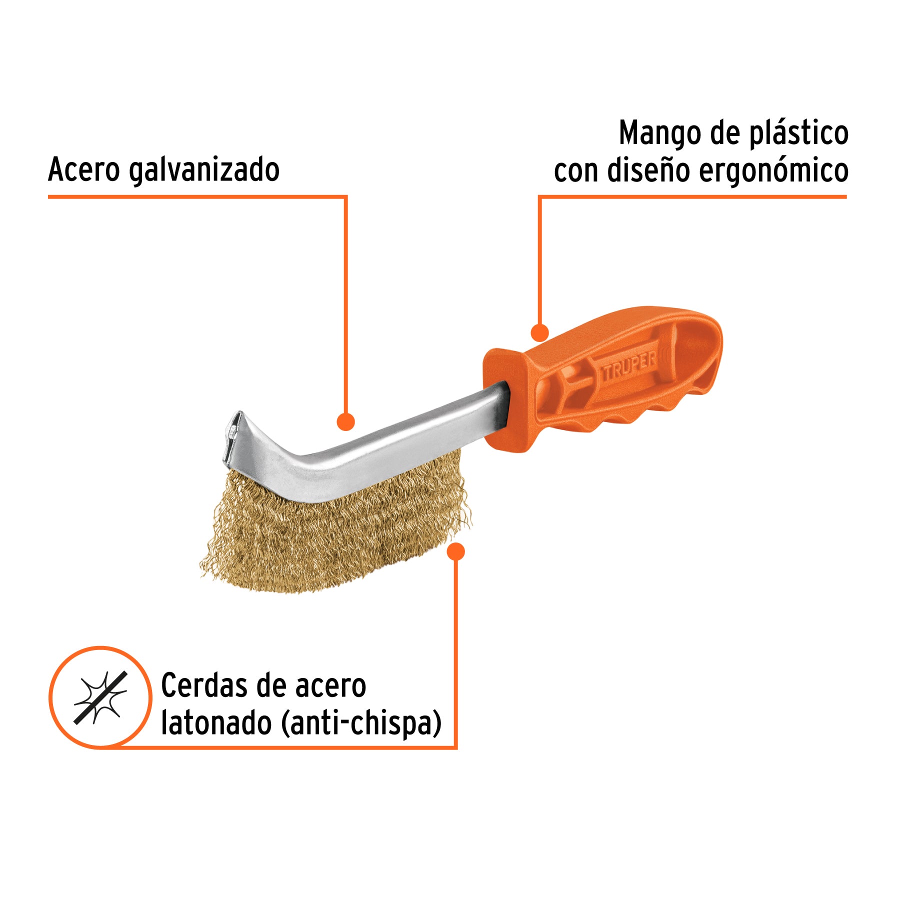 Cepillo de alambre curvo anti-chispa, acero latonado, TRUPER