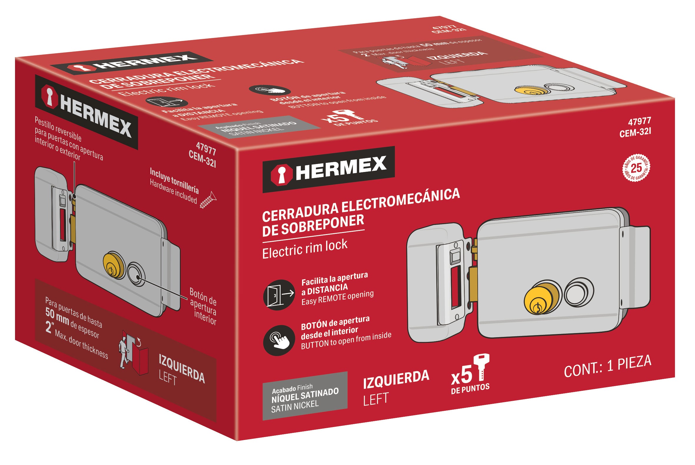 Cerradura electromecánica con botón, izquierda, HERMEX