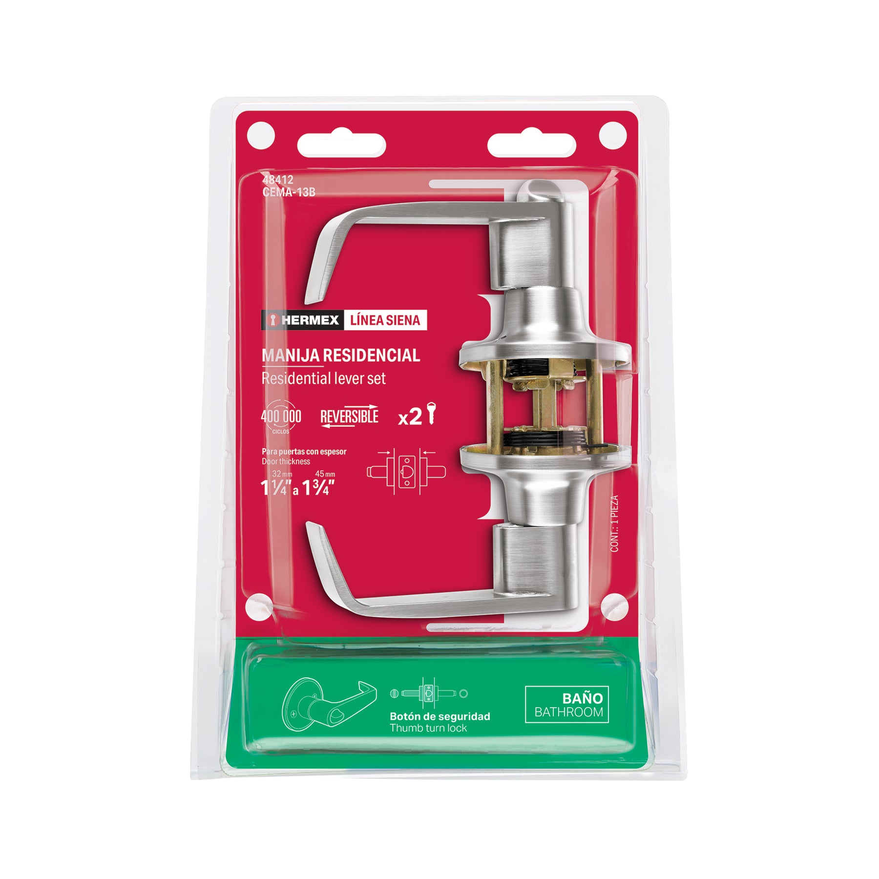 Cerradura manija "Siena" p/baño, cromo mate, HERMEX