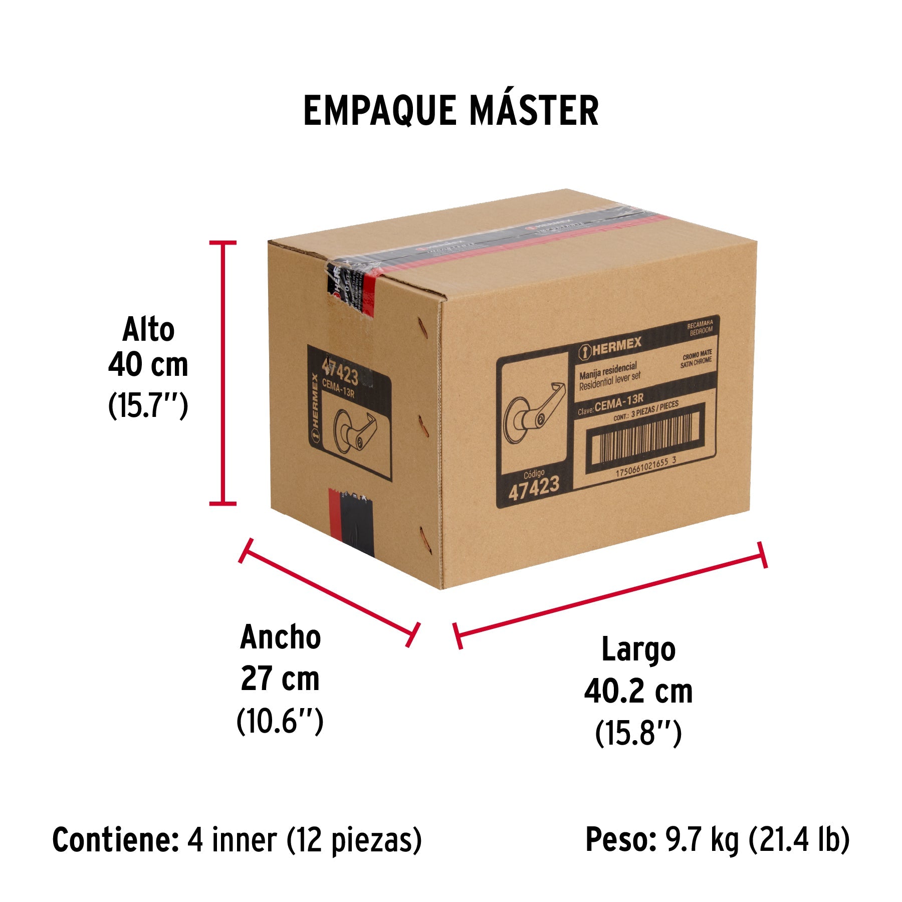 Cerradura manija "Siena" p/recámara cromo mate, HERMEX - Empaque