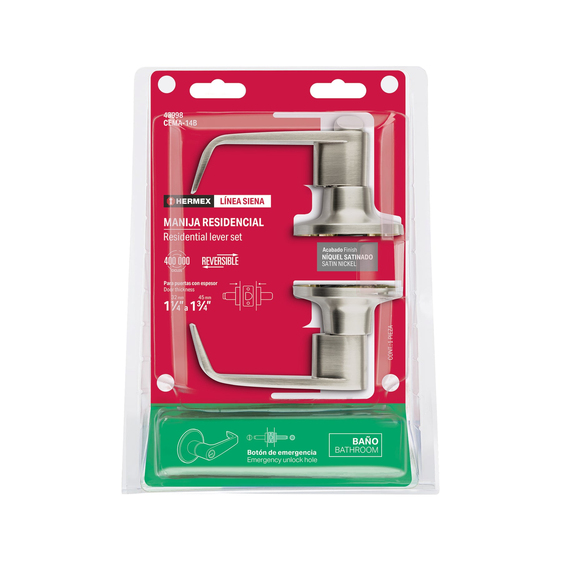Cerradura manija "Siena" p/baño, níquel satinado, HERMEX