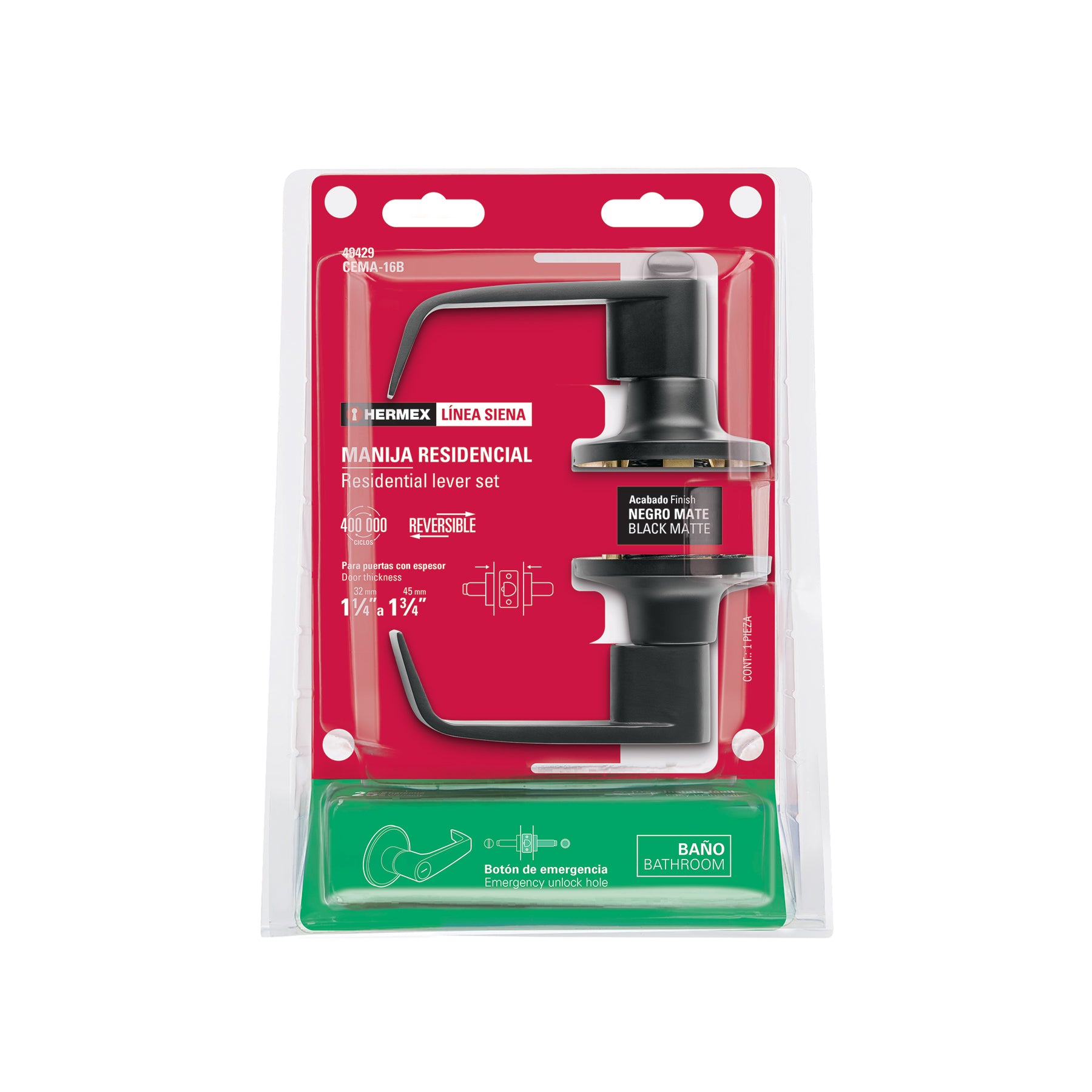 Cerradura manija "Siena" p/baño, negro mate, HERMEX