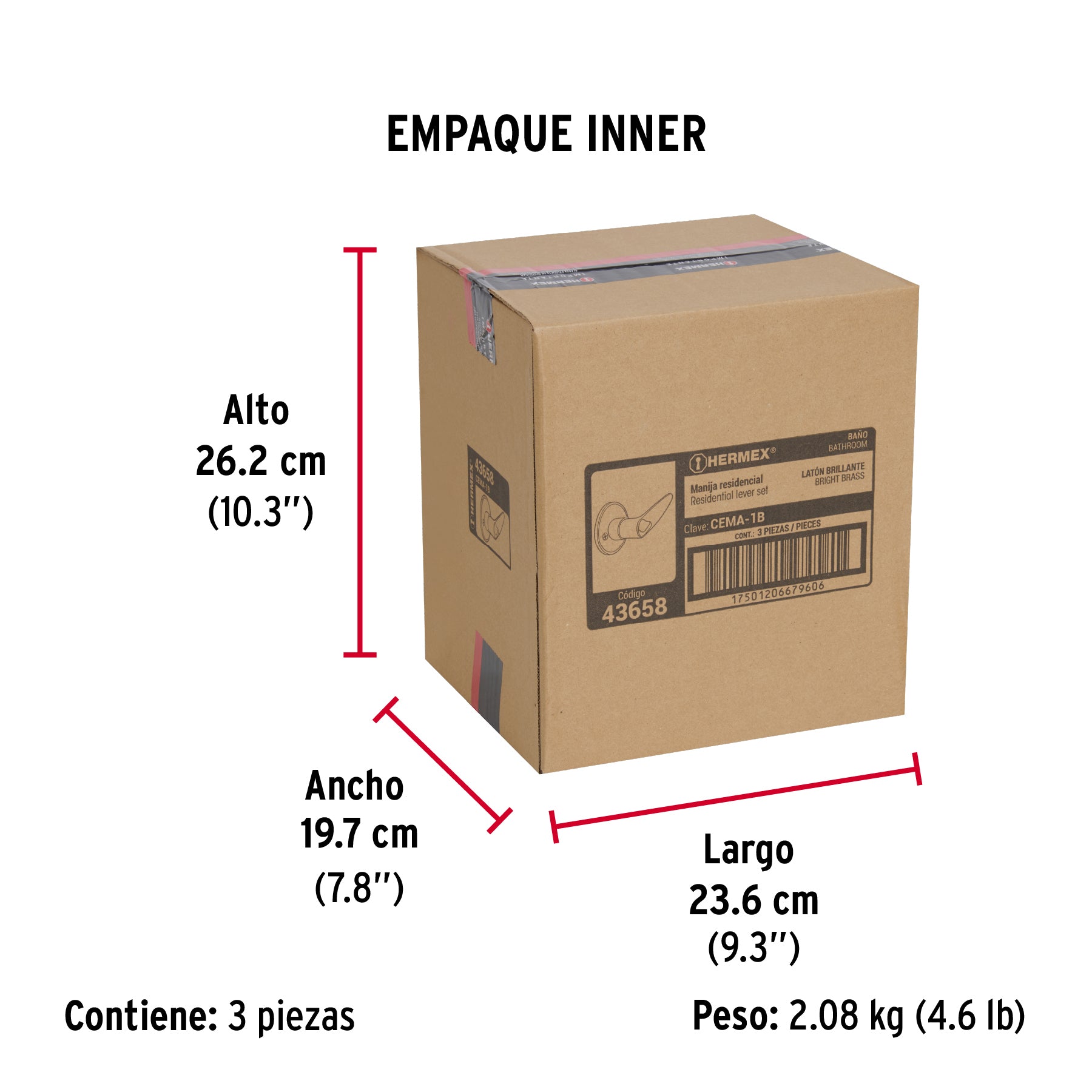 Cerradura manija "Turín" p/baño láton brillante, cil latón - Empaque