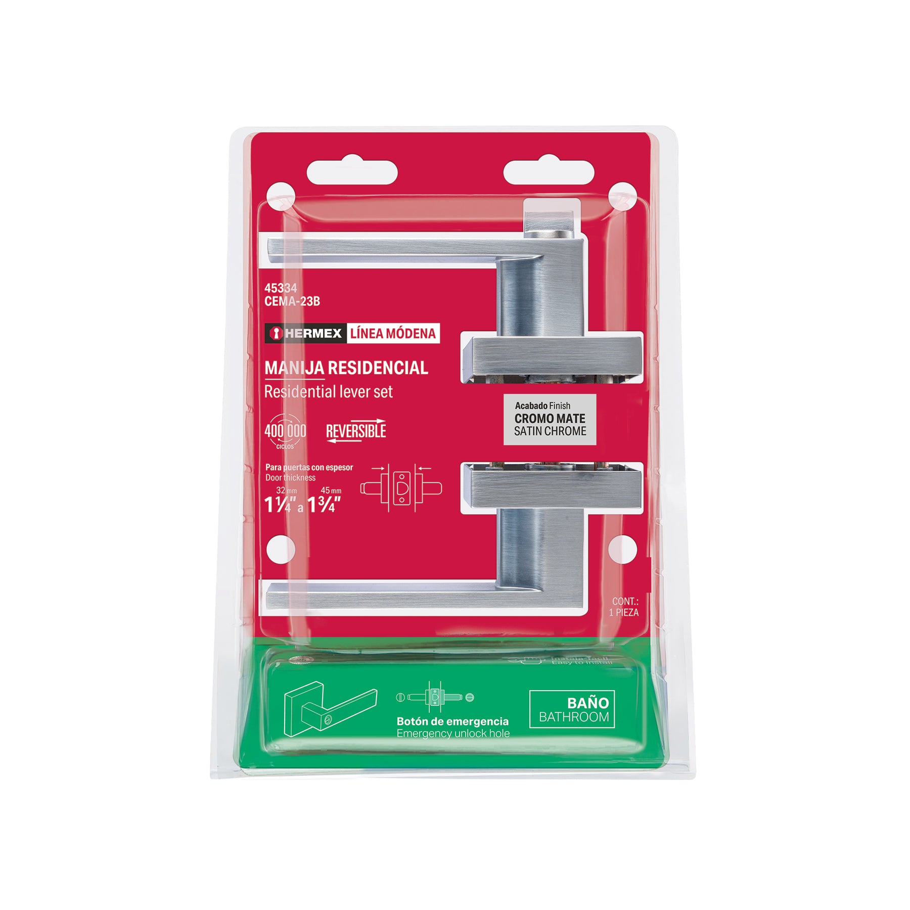 Cerradura manija "Módena" p/baño, cromo mate, HERMEX