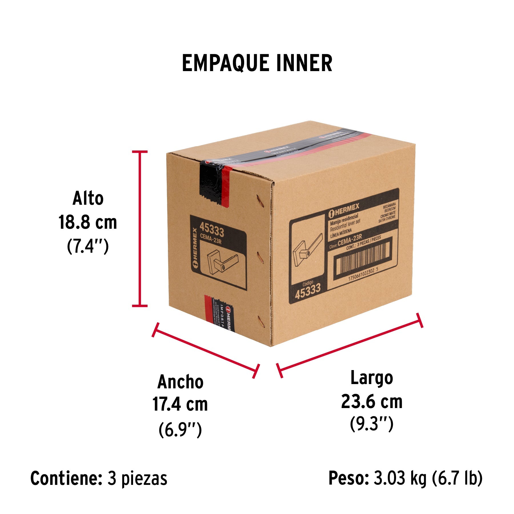 Cerradura manija "Módena" p/recámara, cromo mate, HERMEX - Empaque