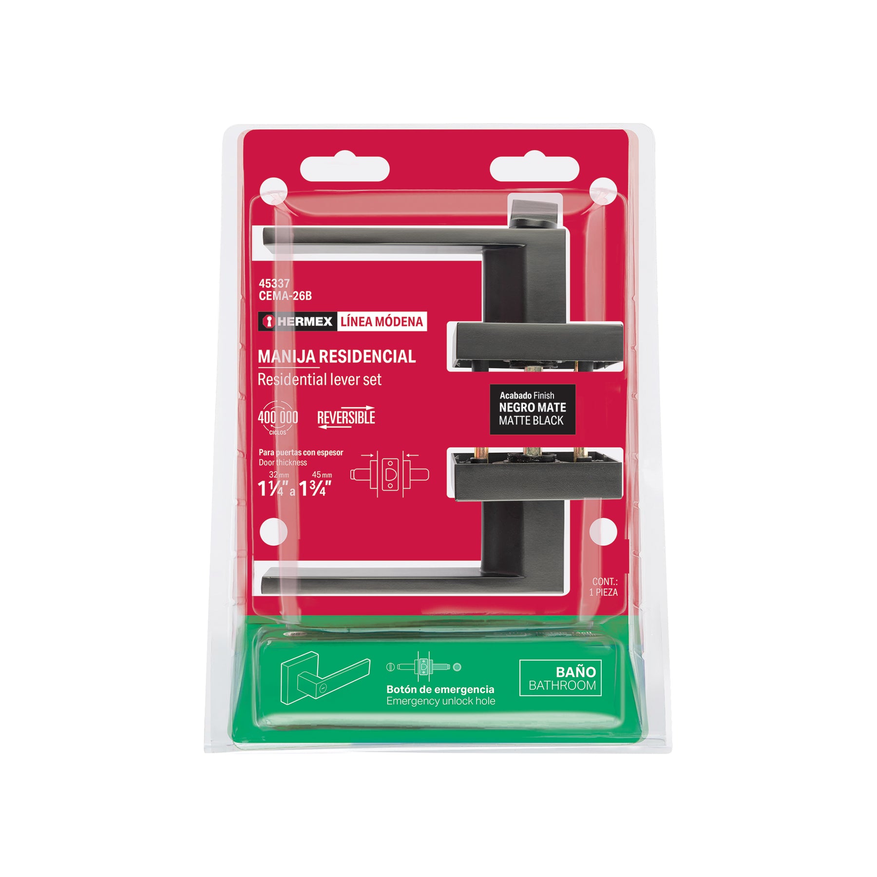 Cerradura manija "Módena" p/baño, negro mate, HERMEX