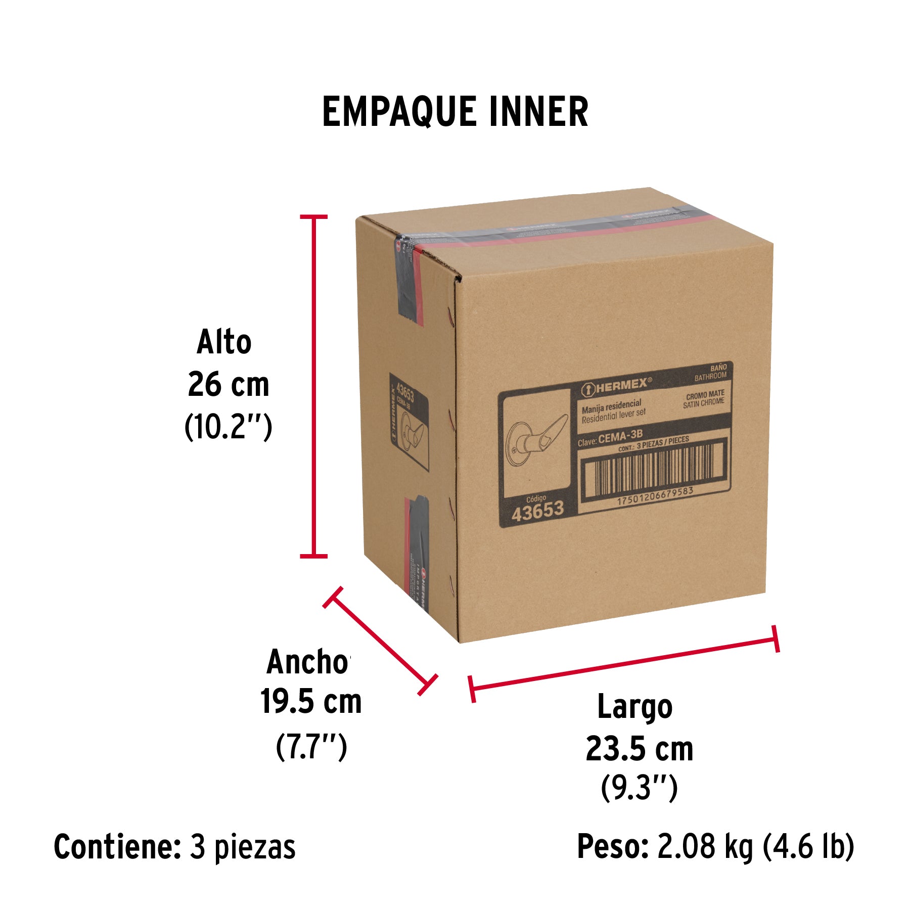 Cerradura manija "Turín" p/baño cromo mate, cil latón - Empaque