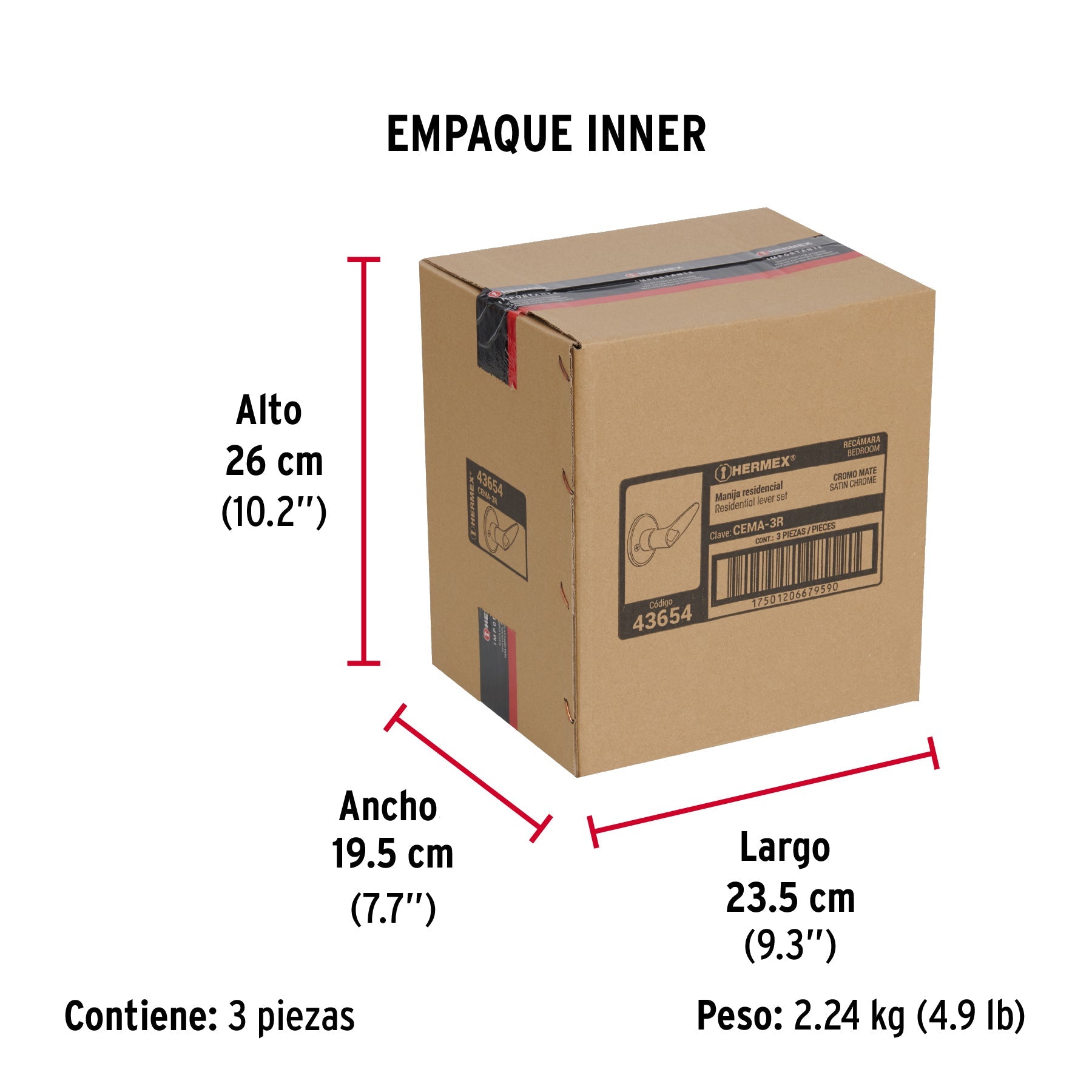 Cerradura manija "Turín" p/recámara cromo mate, cil latón - Empaque