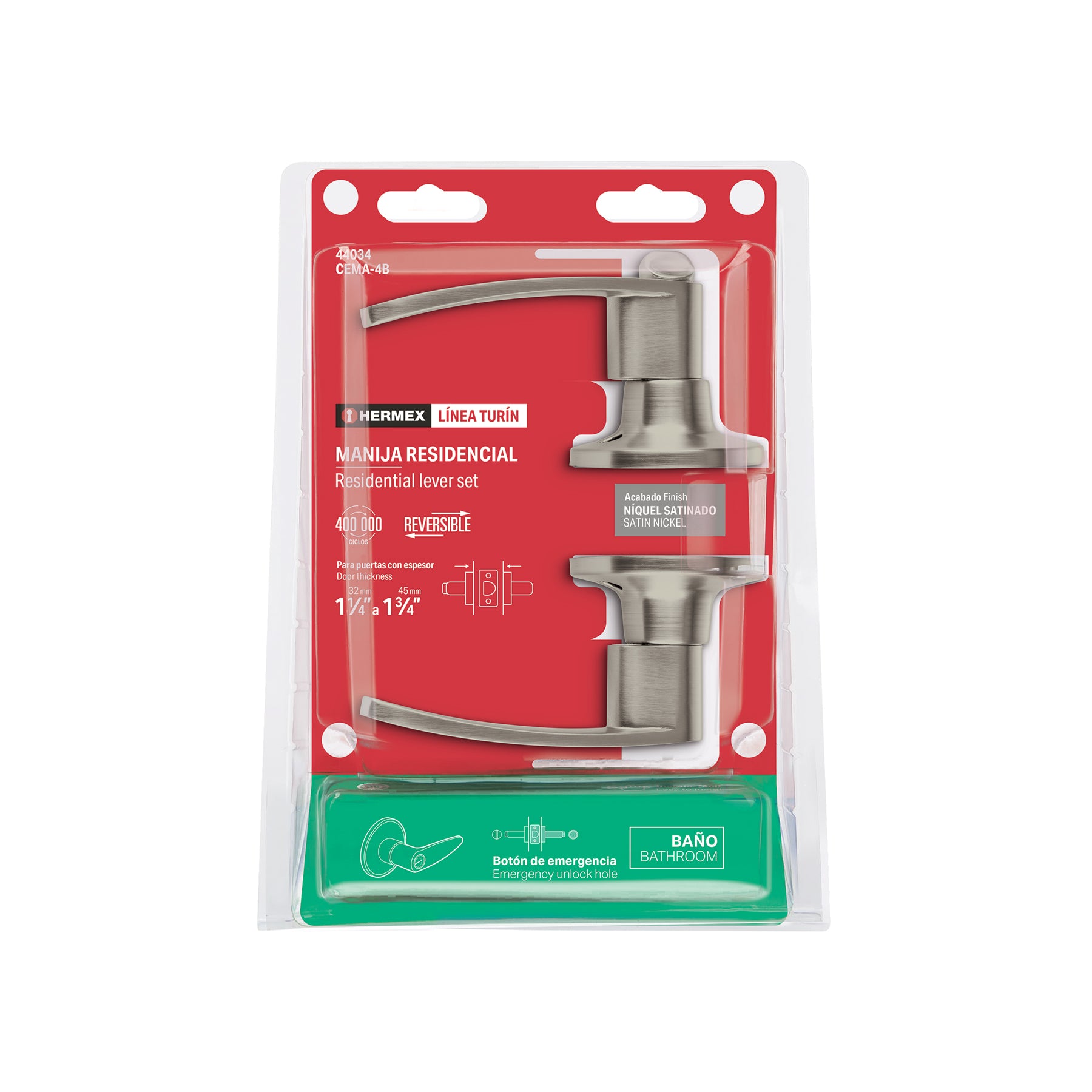 Cerradura manija "Turín" p/baño níquel satinado, HERMEX