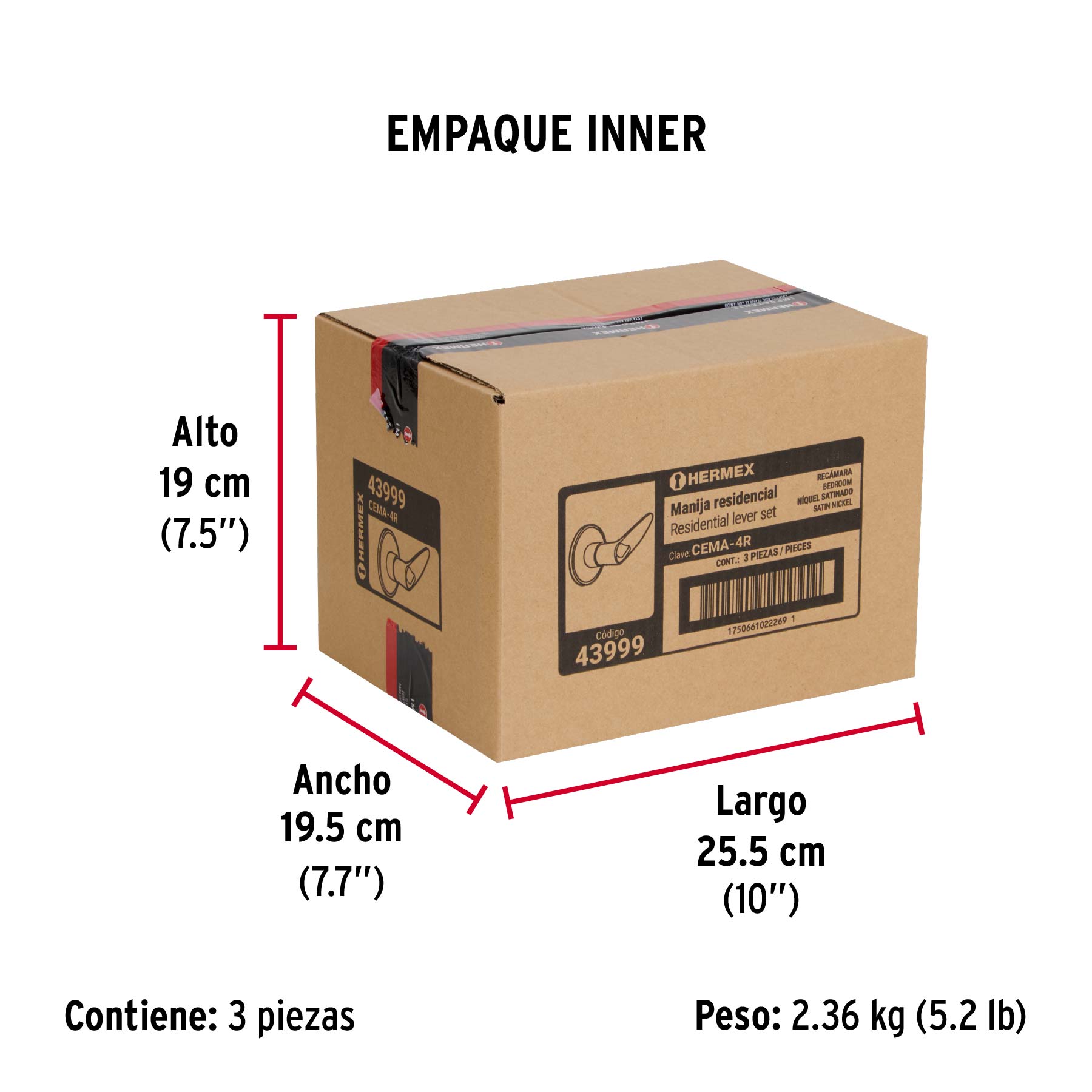 Cerradura manija "Turín" p/recámara níquel satinado, HERMEX - Empaque