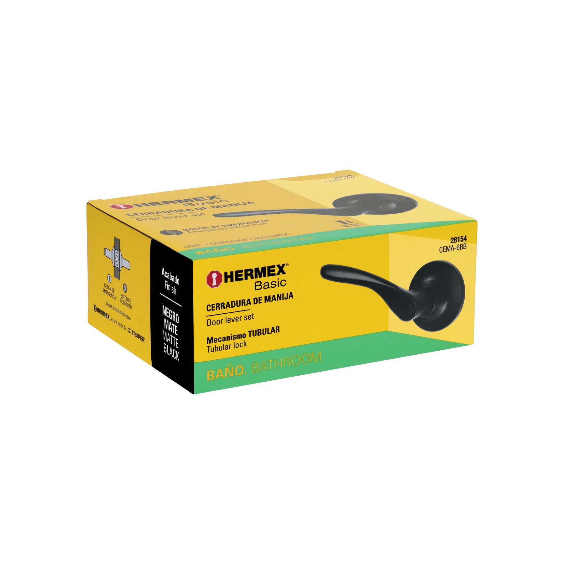 Cerradura manija "Milán" p/baño, negro, cil latón, BASIC