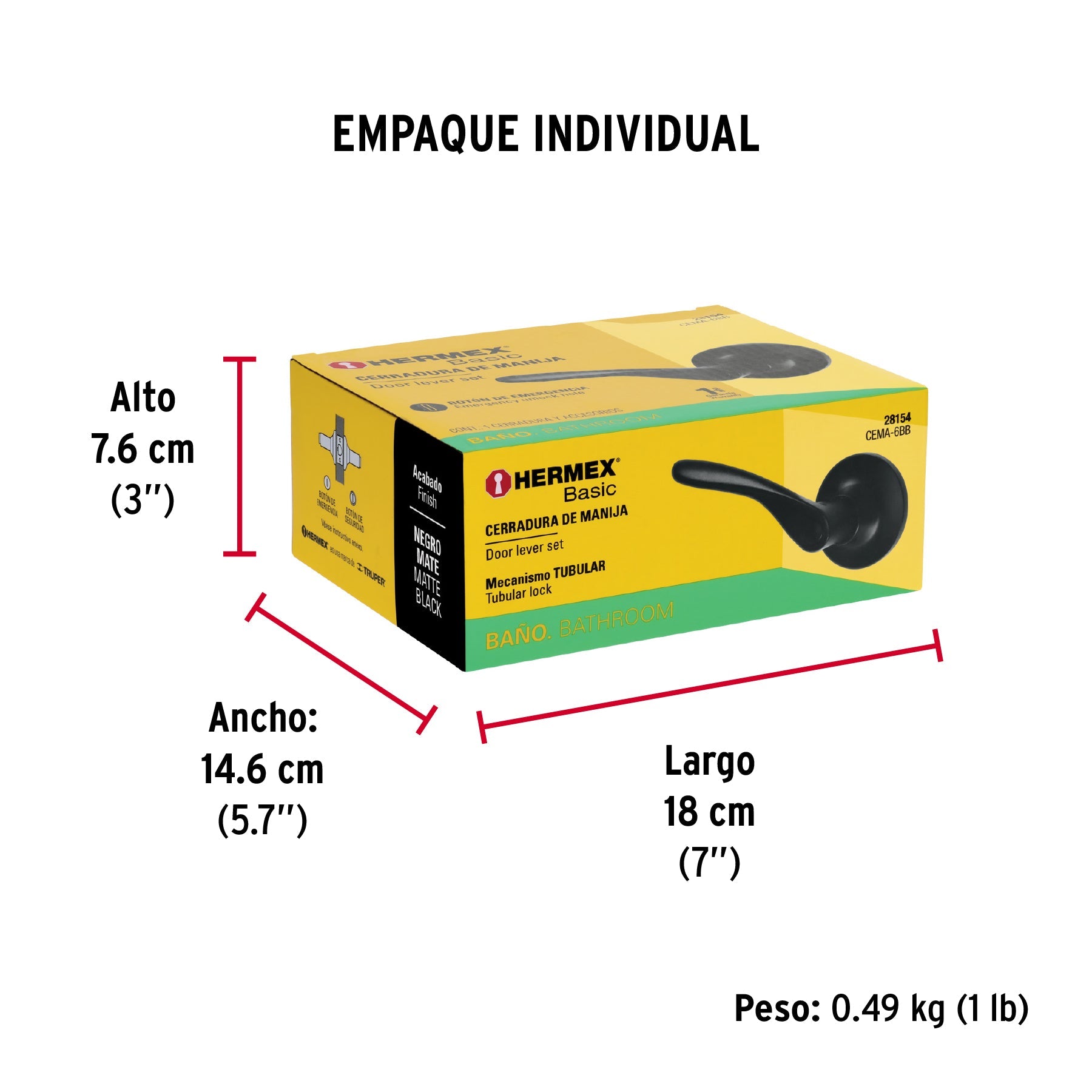 Cerradura manija "Milán" p/baño, negro, cil latón, BASIC - Empaque