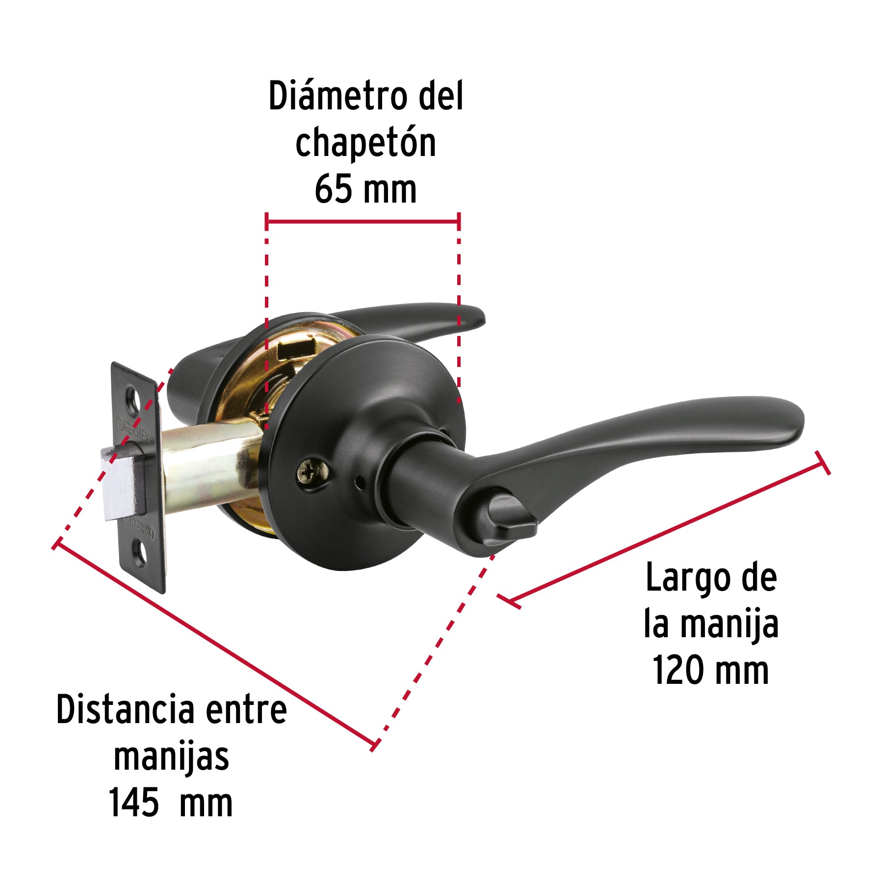 Cerradura manija "Milán" p/baño, negro, cil latón, BASIC