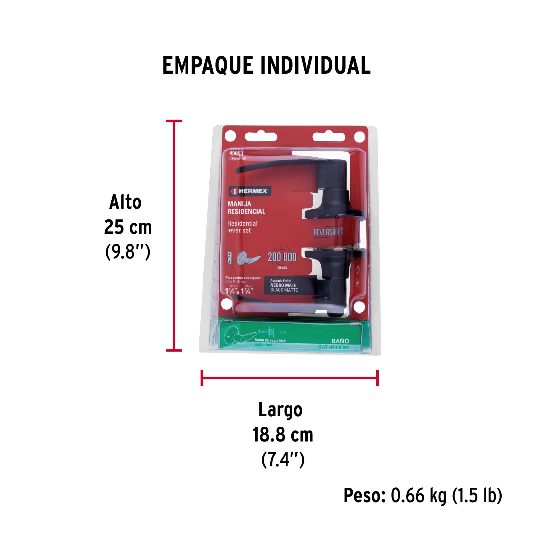 Cerradura de manija "Turín" p/baño, negro, cilindro latón - Empaque