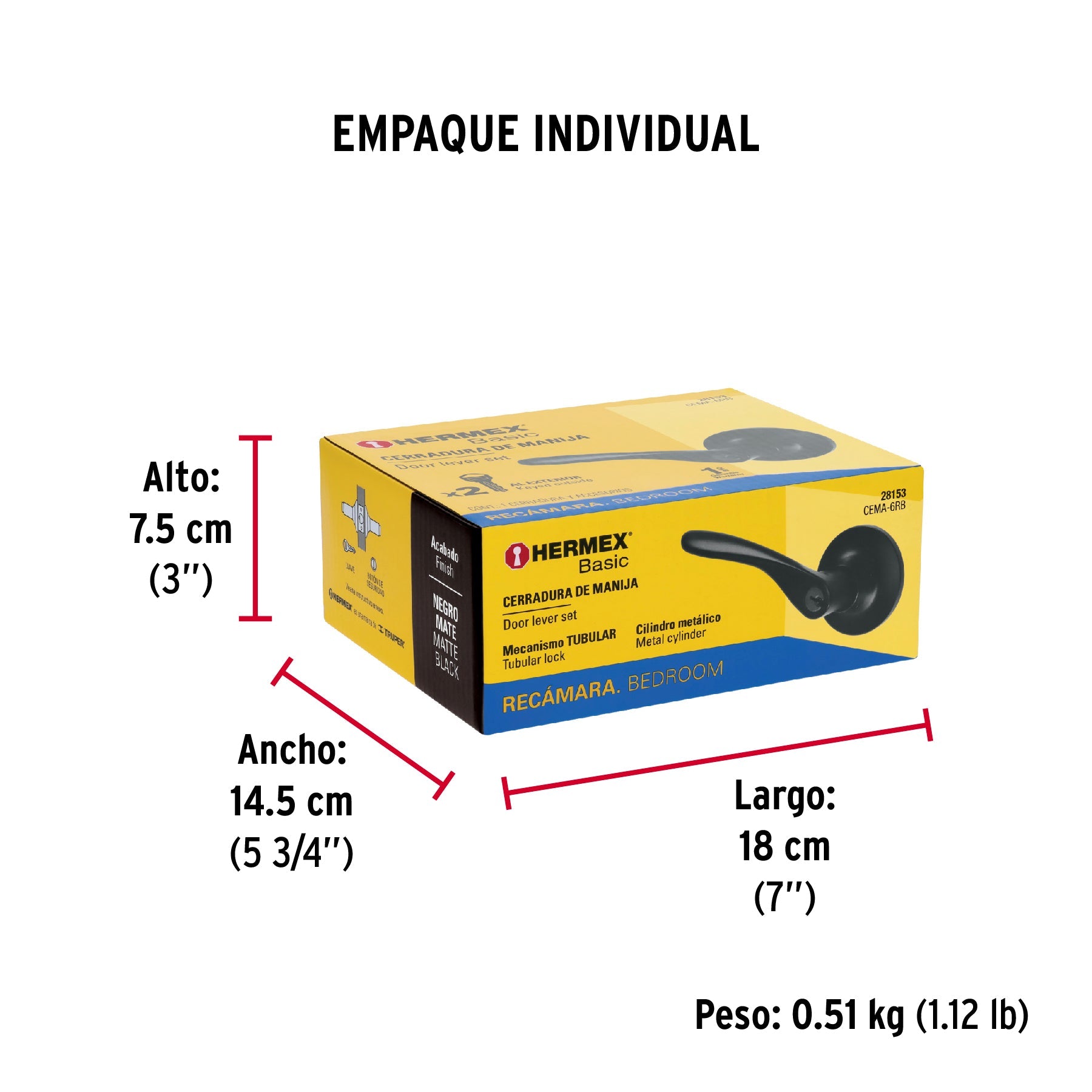 Cerradura manija "Milán" p/recámara, negro, cil latón, BASIC - Empaque