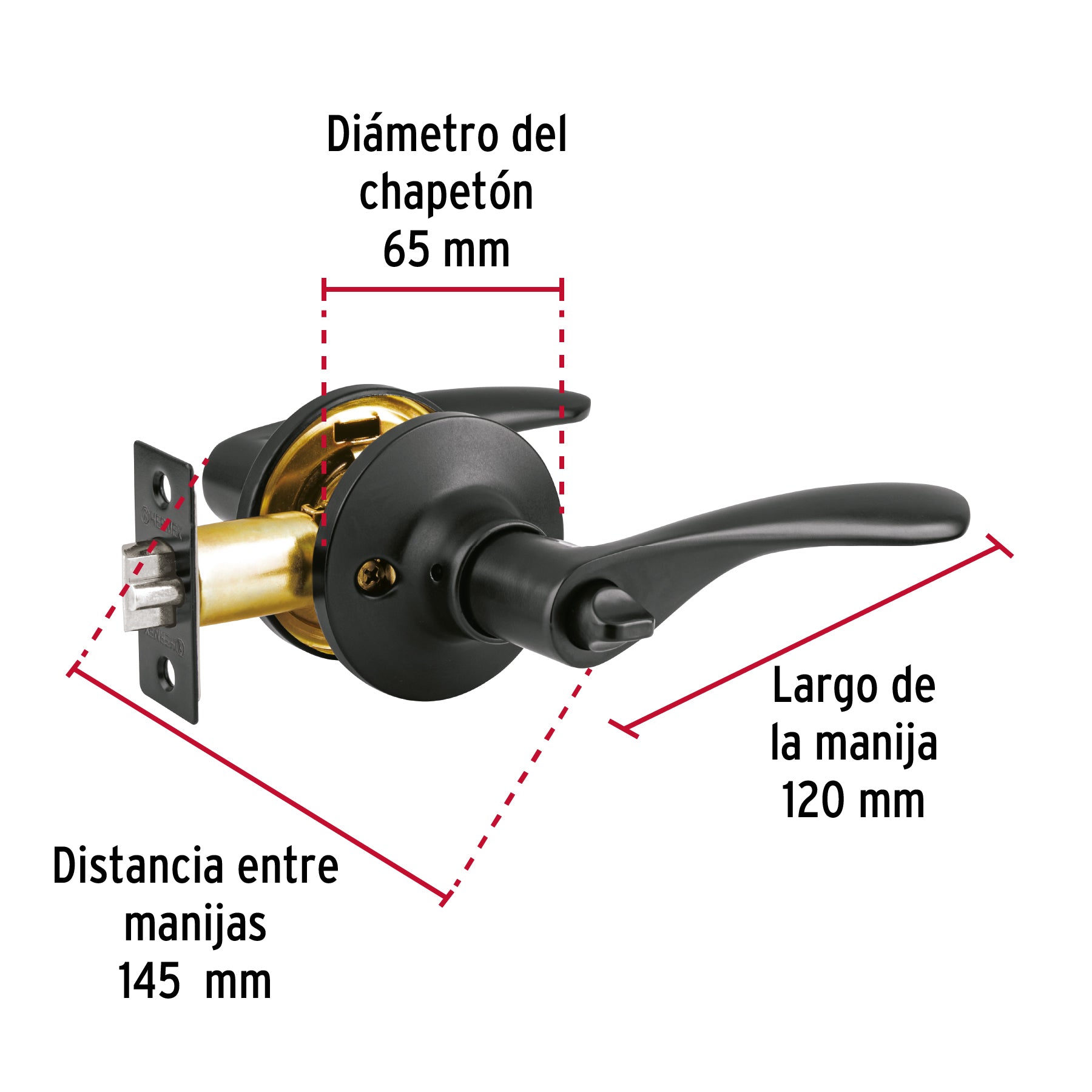 Cerradura manija "Milán" p/recámara, negro, cil latón, BASIC