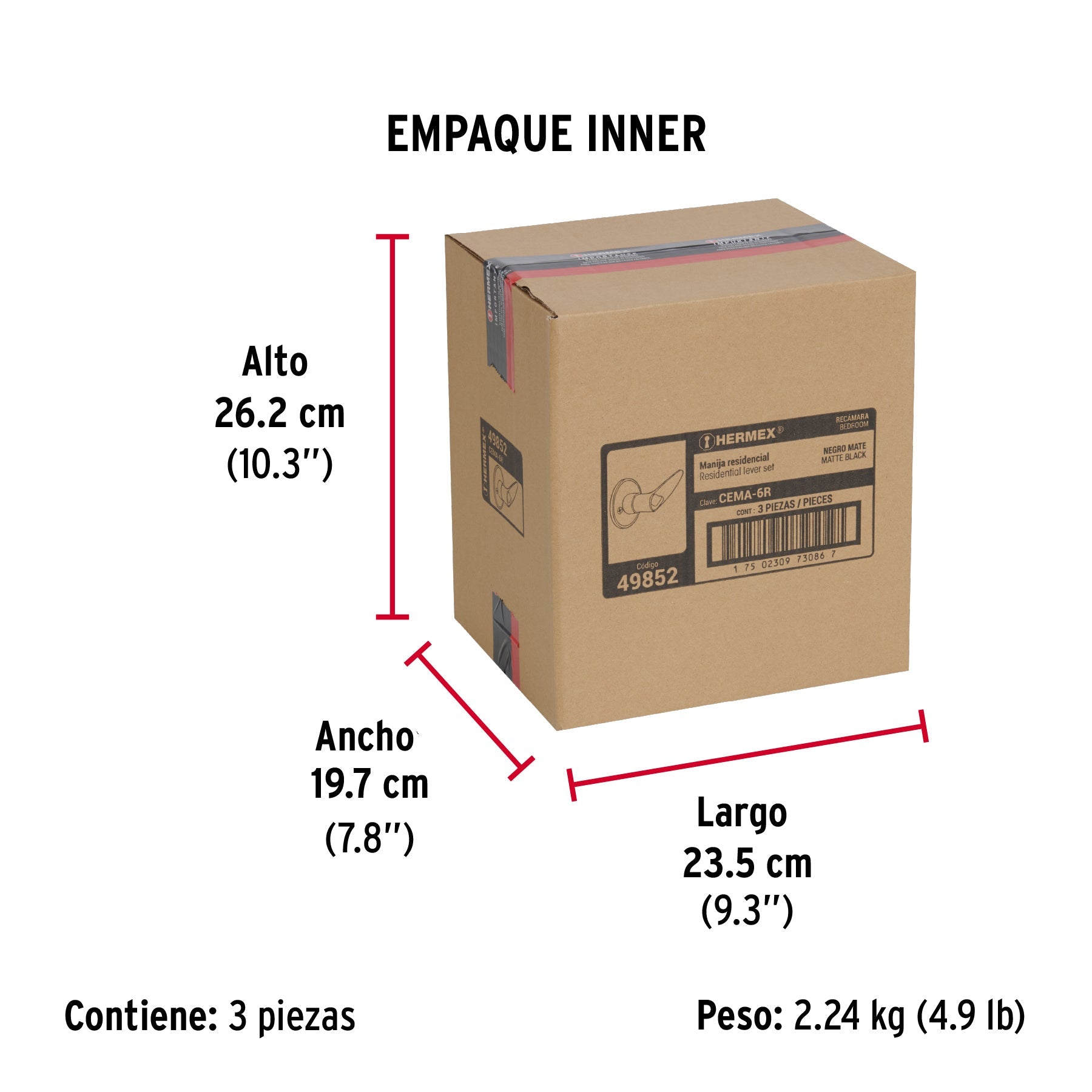 Cerradura manija "Turín" p/recámara, negro, cilindro latón - Empaque