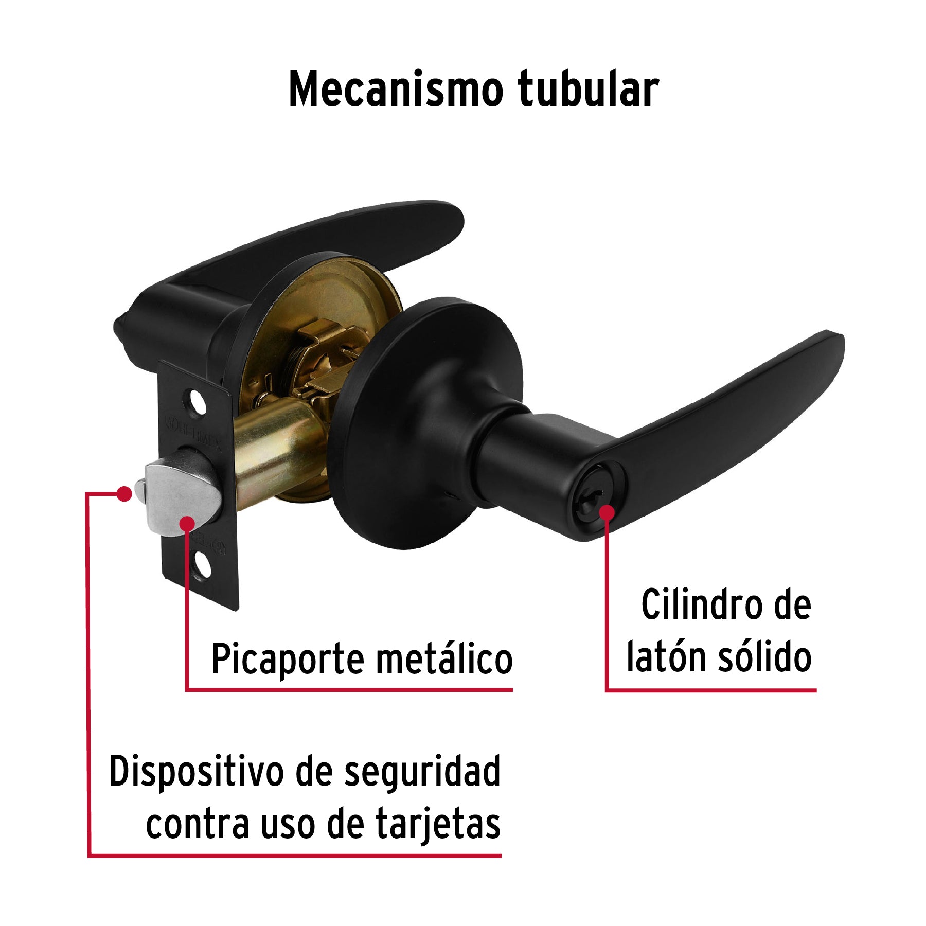 Cerradura manija "Turín" p/recámara, negro, cilindro latón