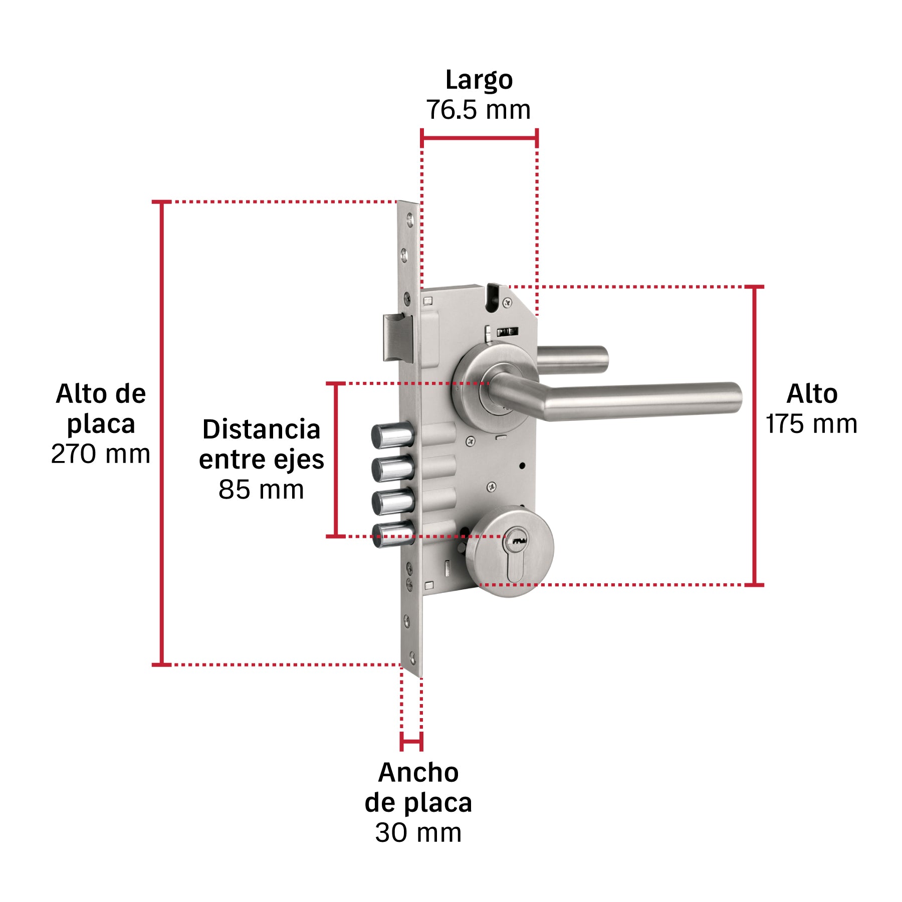 Cerradura de embutir 4 bulones, llave de puntos, HERMEX