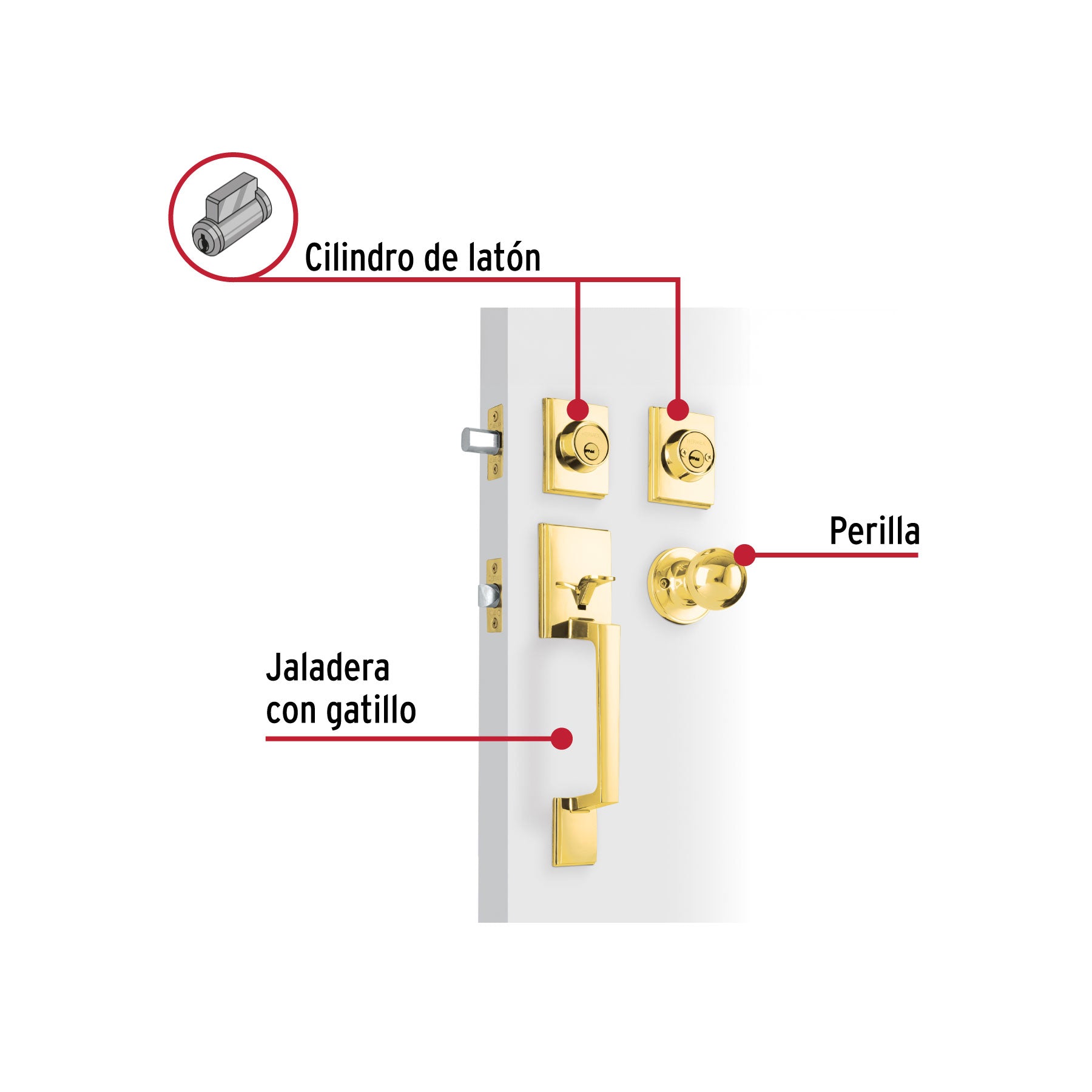 Jaladera/perilla/cerrojo, Porto llave-llave, Latón Brillante