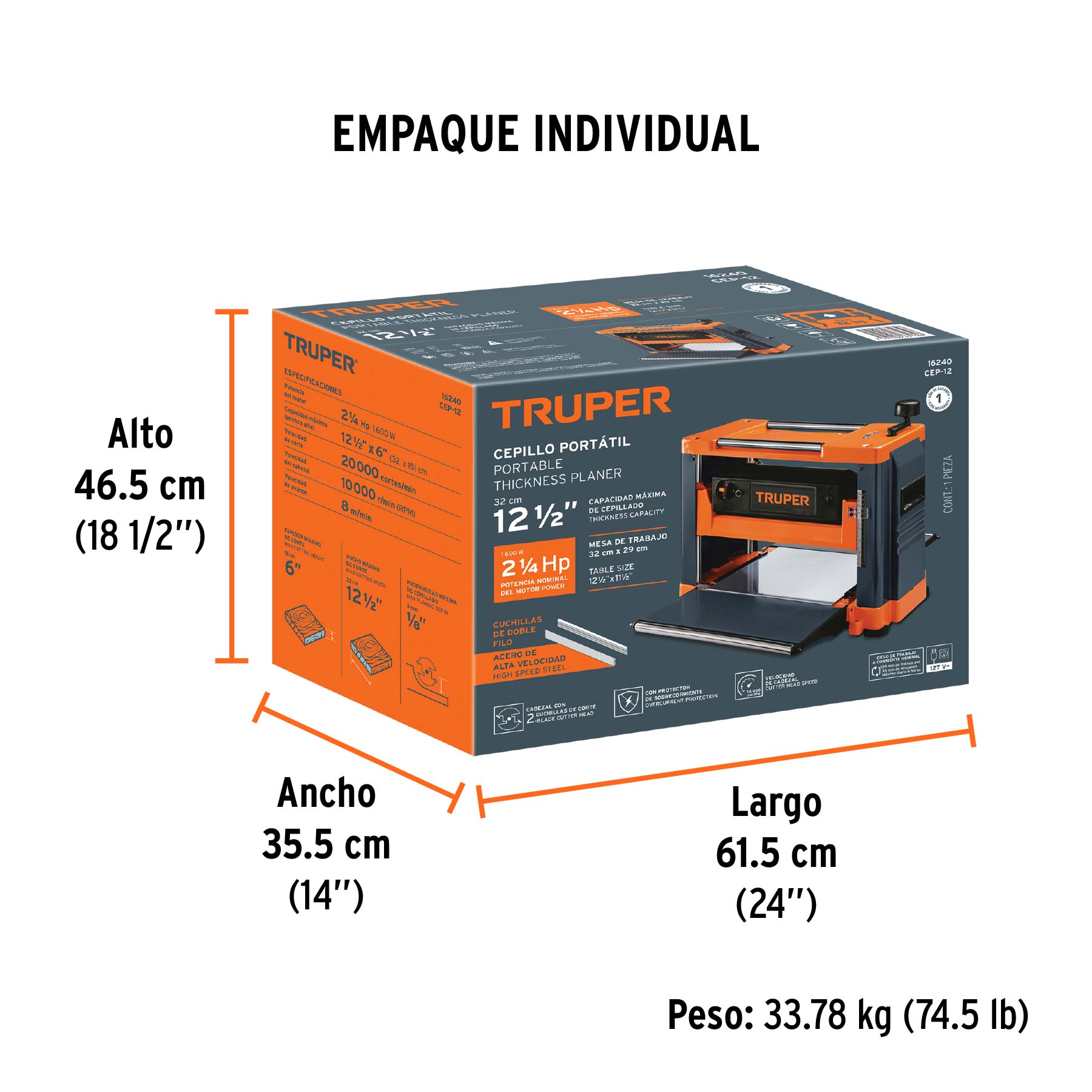 Cepillo portátil 12-1/2", 2-1/4 HP (1600 W), TRUPER - Empaque