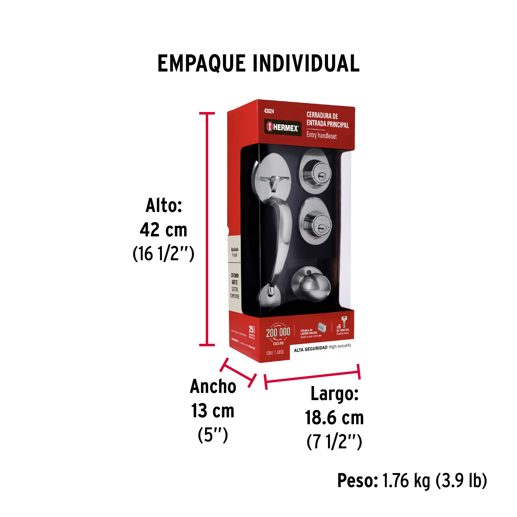 Jaladera/perilla, Lugo llave-llave, Cromo Mate, HERMEX - Empaque