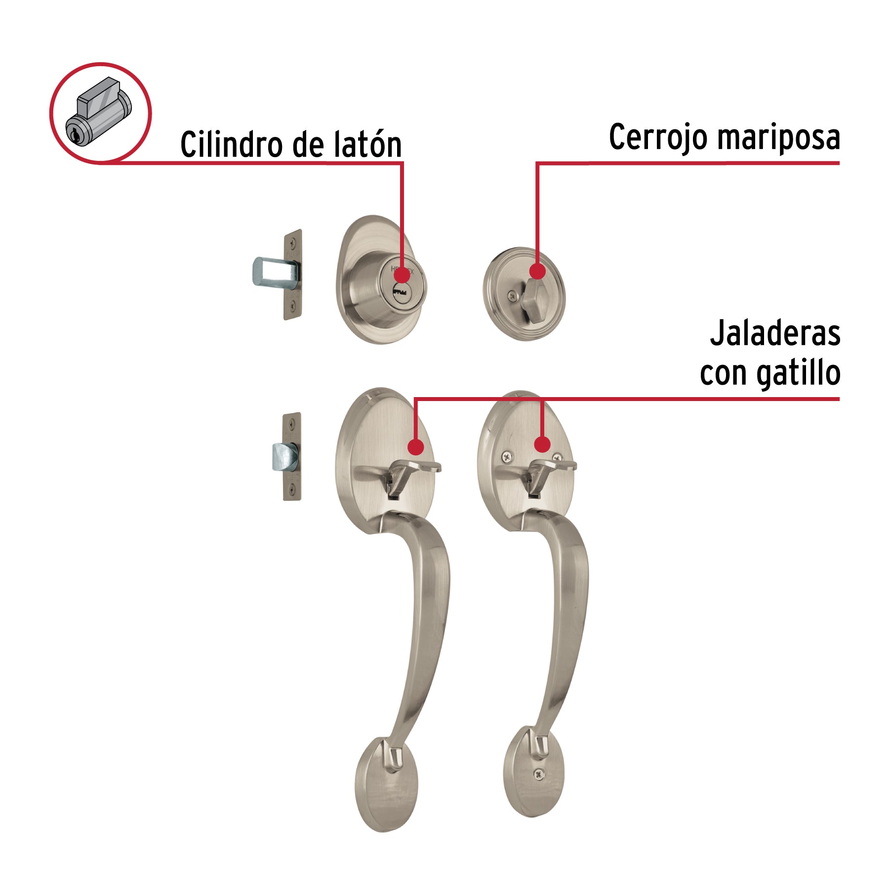 Doble jaladera, Lugo llave-mariposa, Níquel Satín, HERMEX