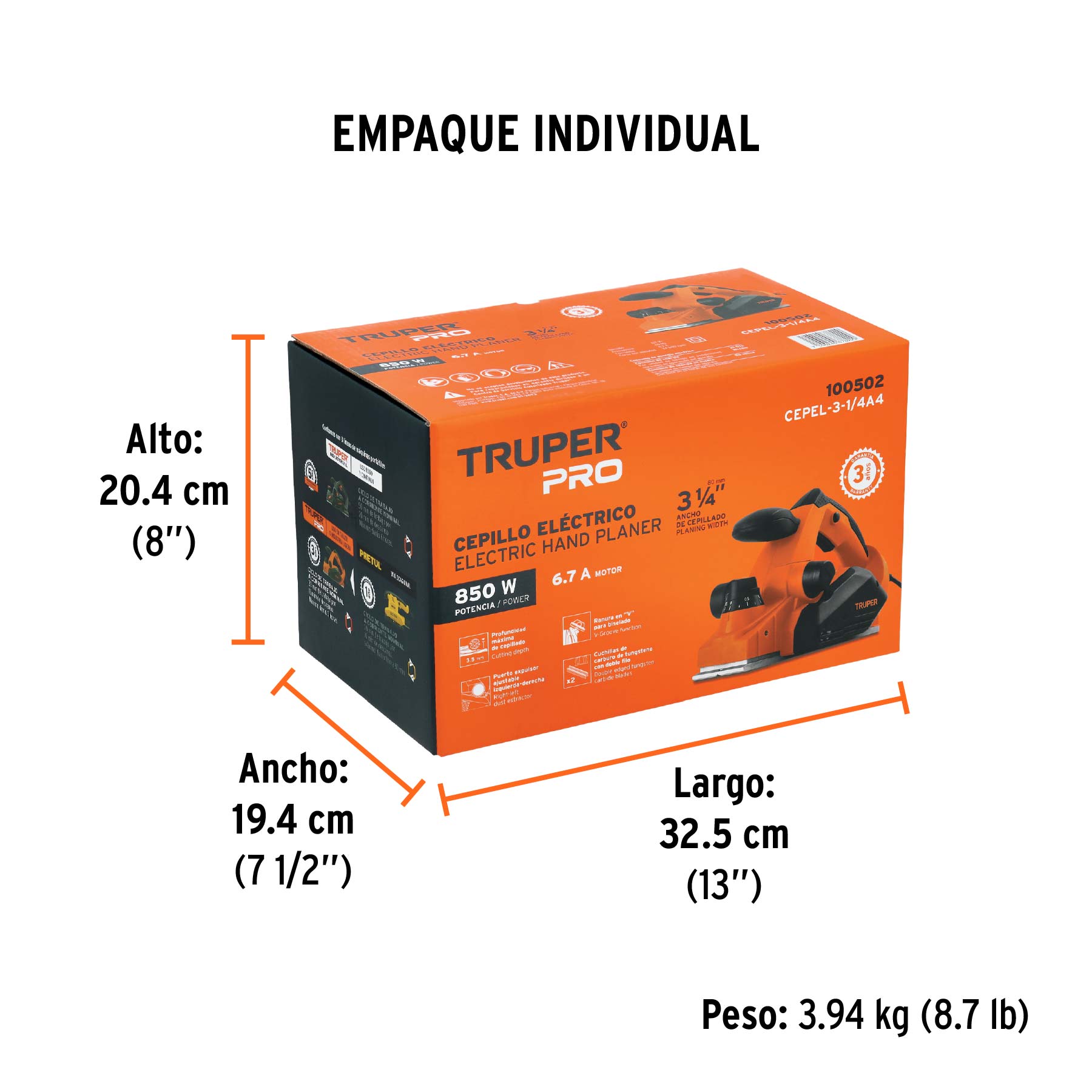 Cepillo eléctrico 3-1/4", 850W, TRUPER PRO - Empaque