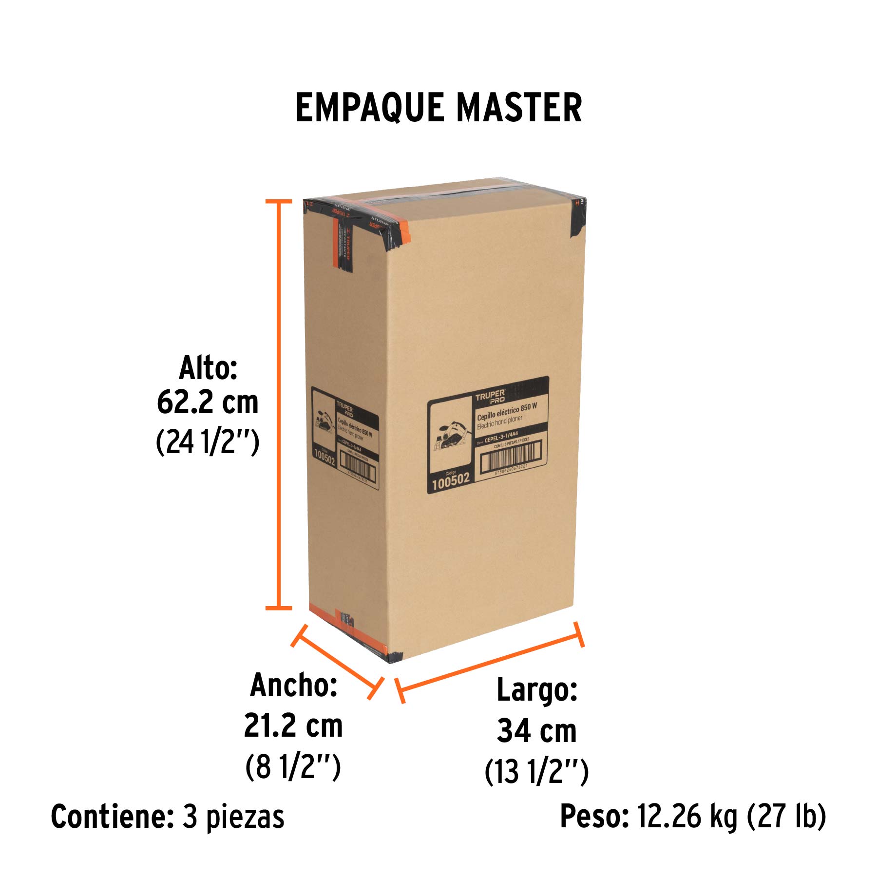 Cepillo eléctrico 3-1/4", 850W, TRUPER PRO - Empaque