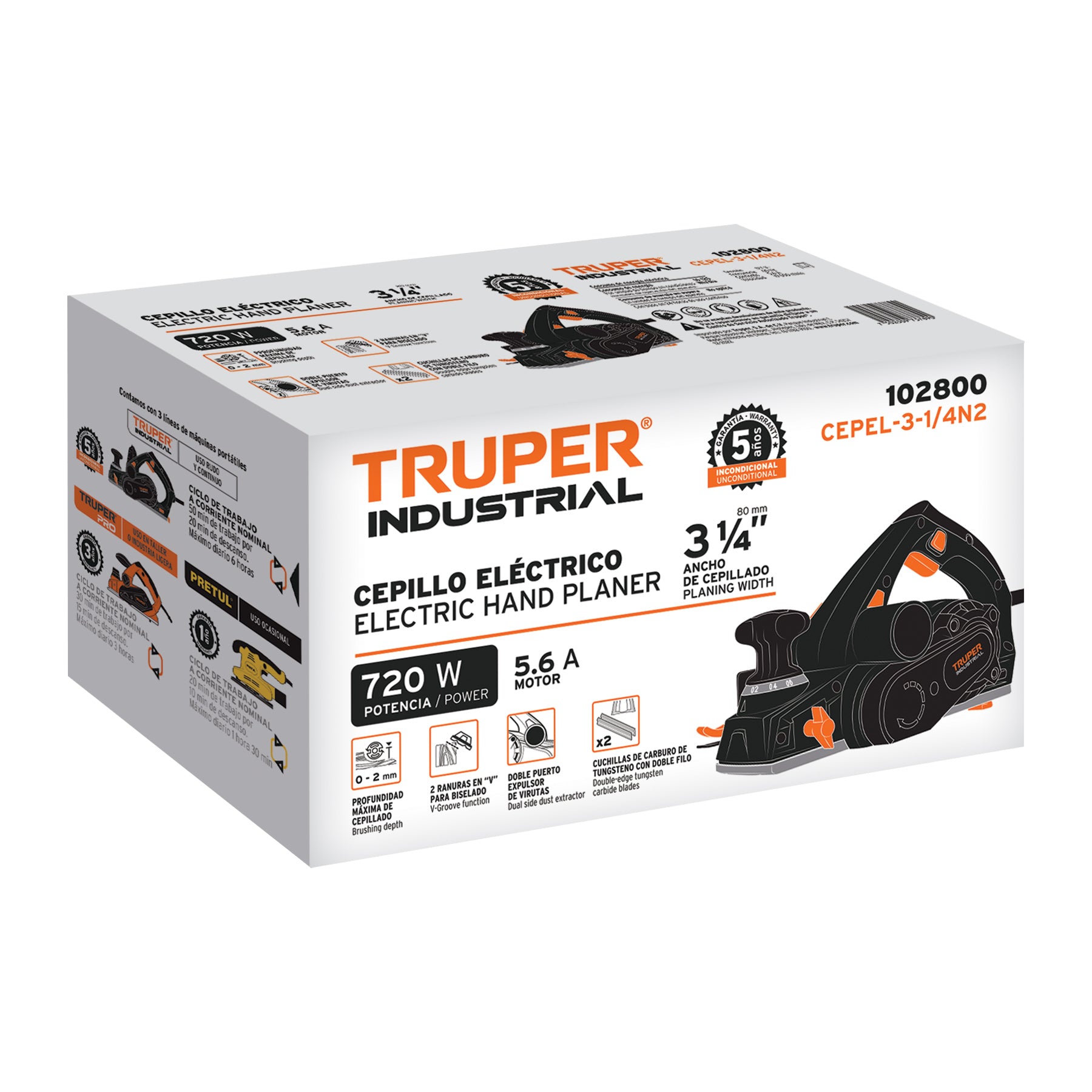 Cepillo eléctrico 3-1/4", 720W, TRUPER INDUSTRIAL