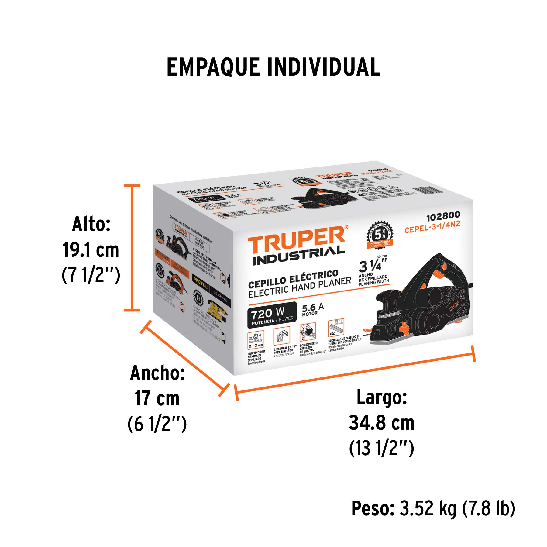 Cepillo eléctrico 3-1/4", 720W, TRUPER INDUSTRIAL - Empaque