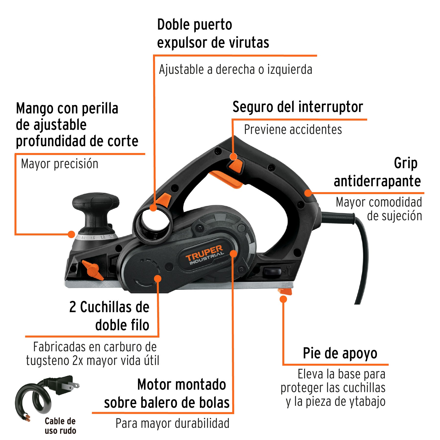 Cepillo eléctrico 3-1/4", 720W, TRUPER INDUSTRIAL