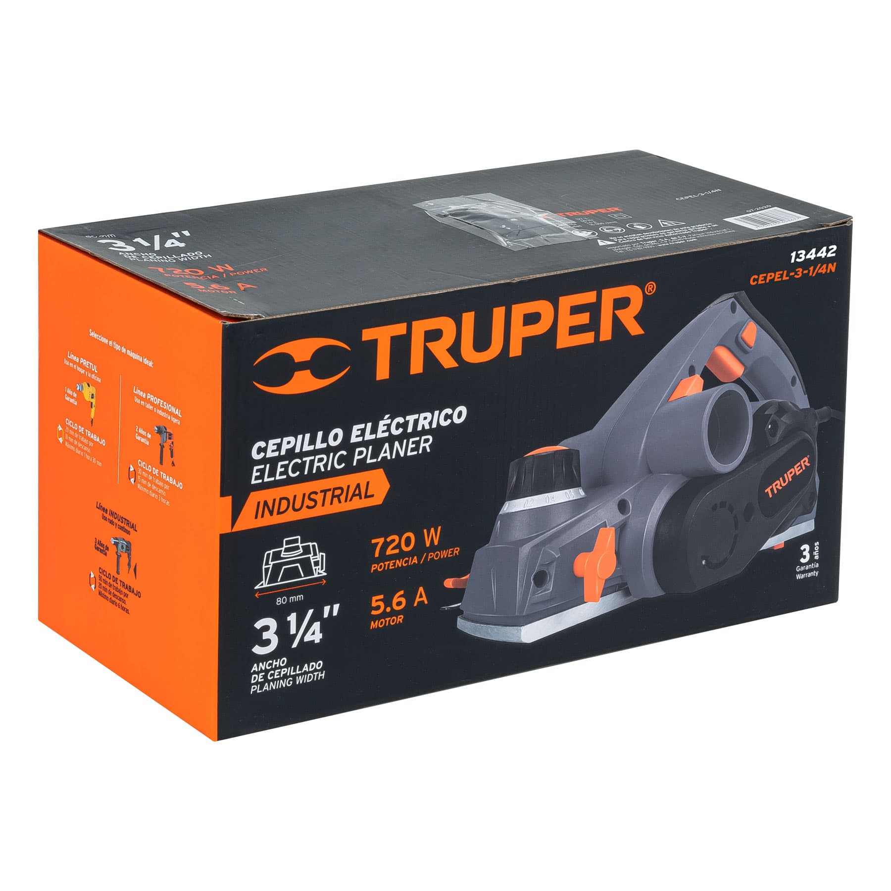 Cepillo eléctrico 3-1/4" 720 W, industrial, TRUPER