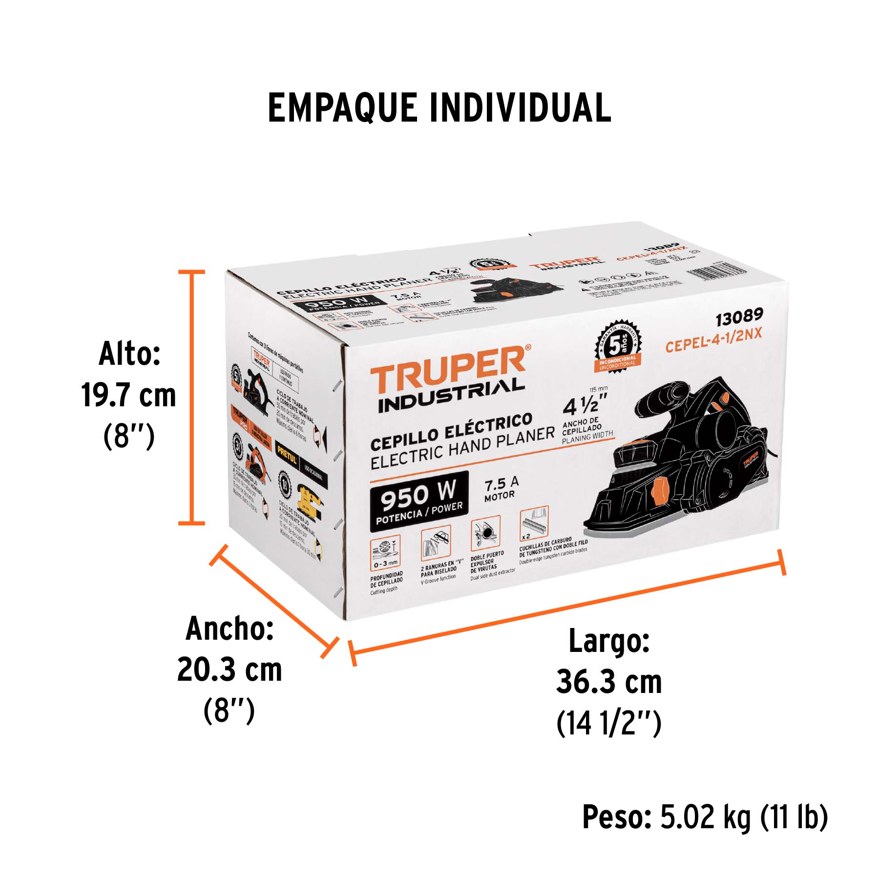 Cepillo eléctrico 4-1/2", 950W, TRUPER INDUSTRIAL - Empaque