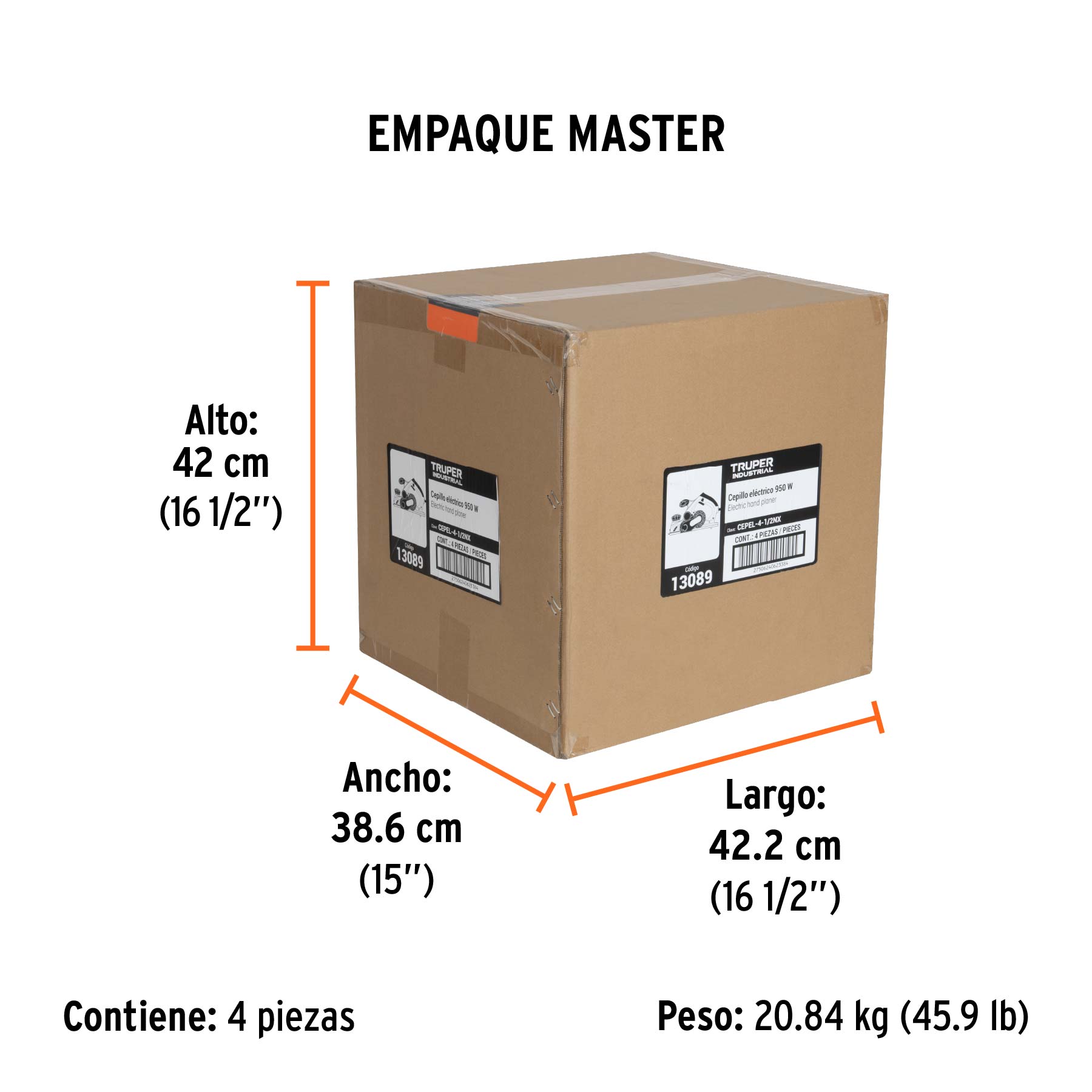 Cepillo eléctrico 4-1/2", 950W, TRUPER INDUSTRIAL - Empaque